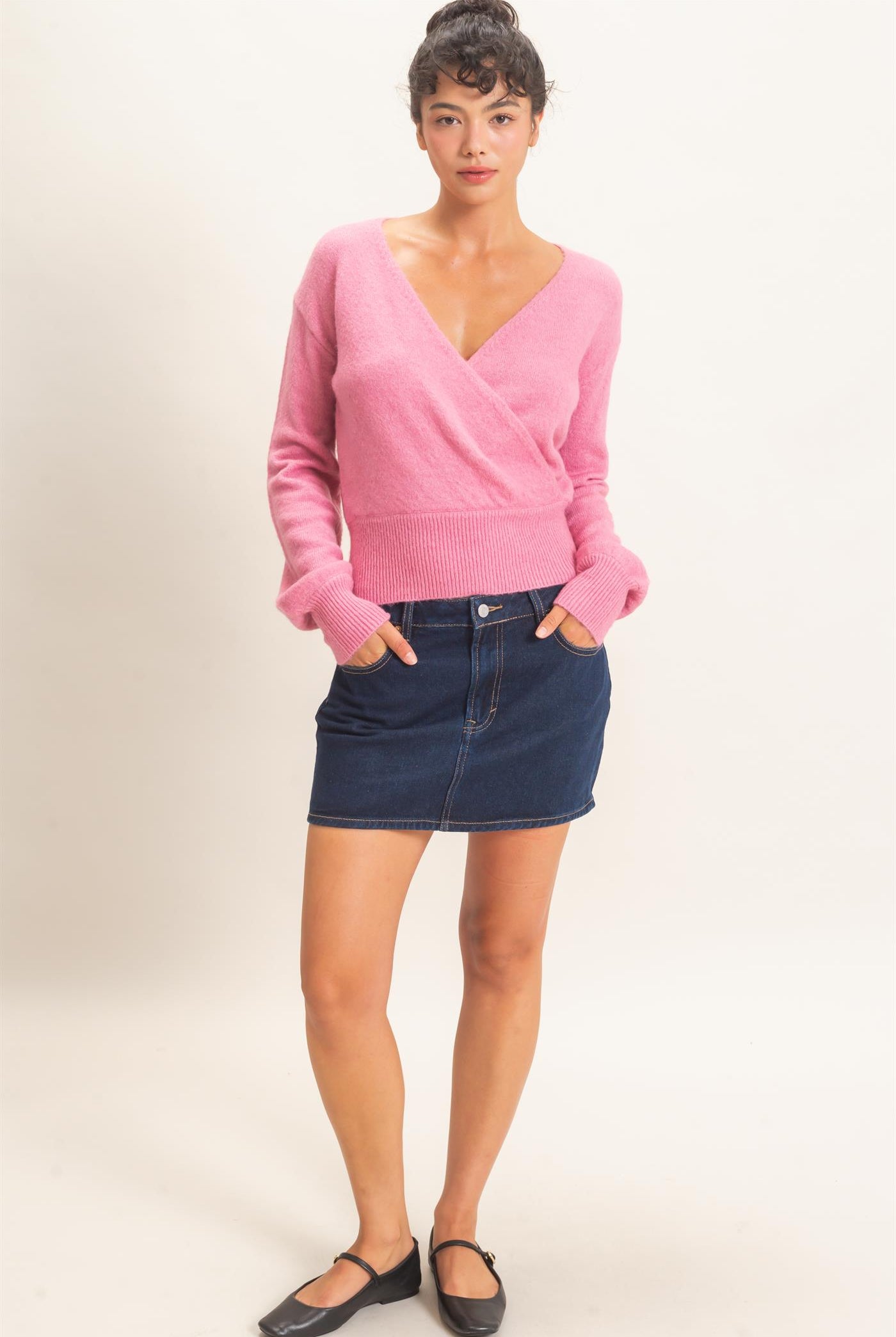 Wholesale Wrap V Neck Sweater Sweaters DZ26E948 PINK DOUBLE ZERO
