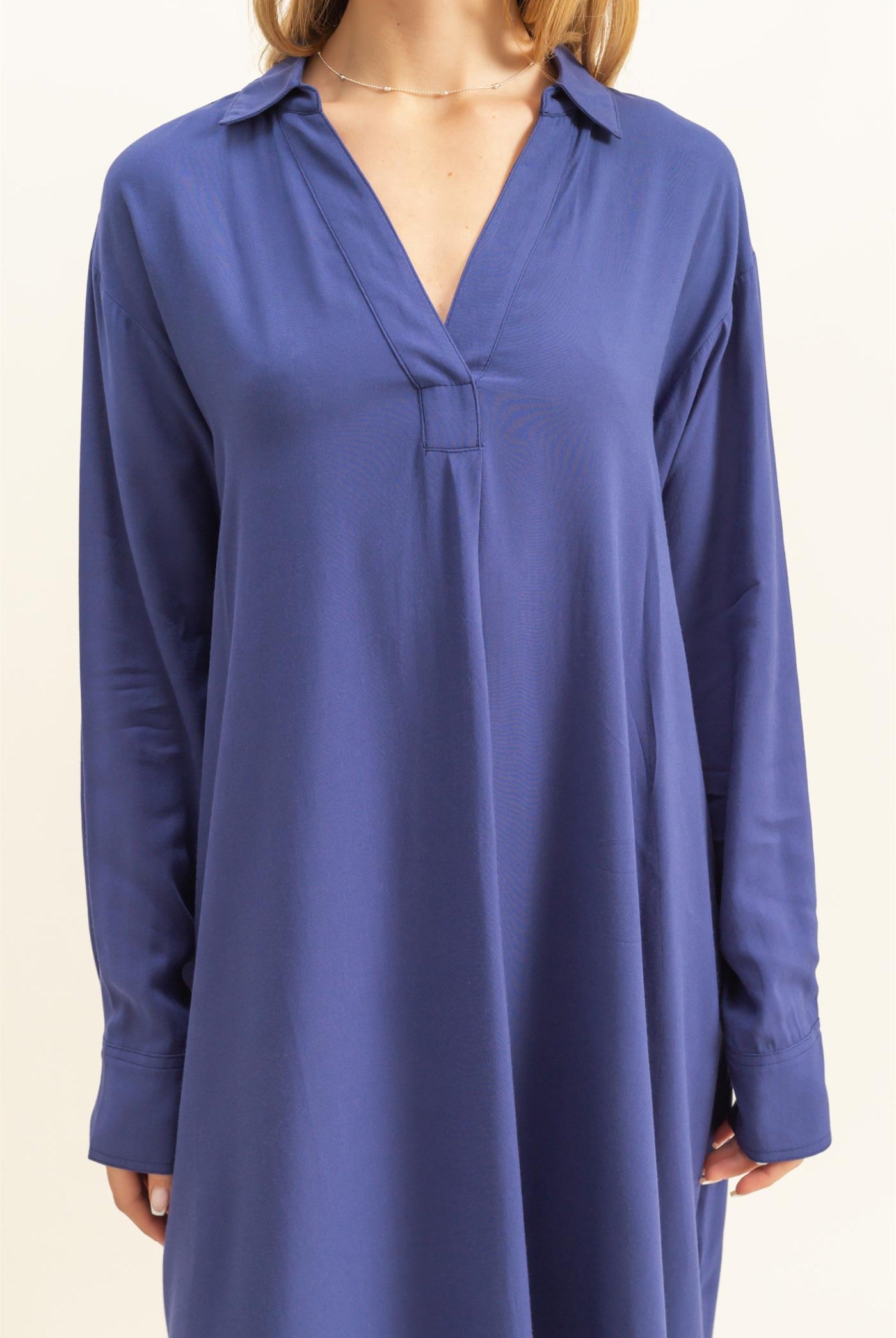 Wholesale V-Neck Long Sleeved Midi Shirts Dress Dresses DZ24E706 DUSTY INDIGO DOUBLE ZERO