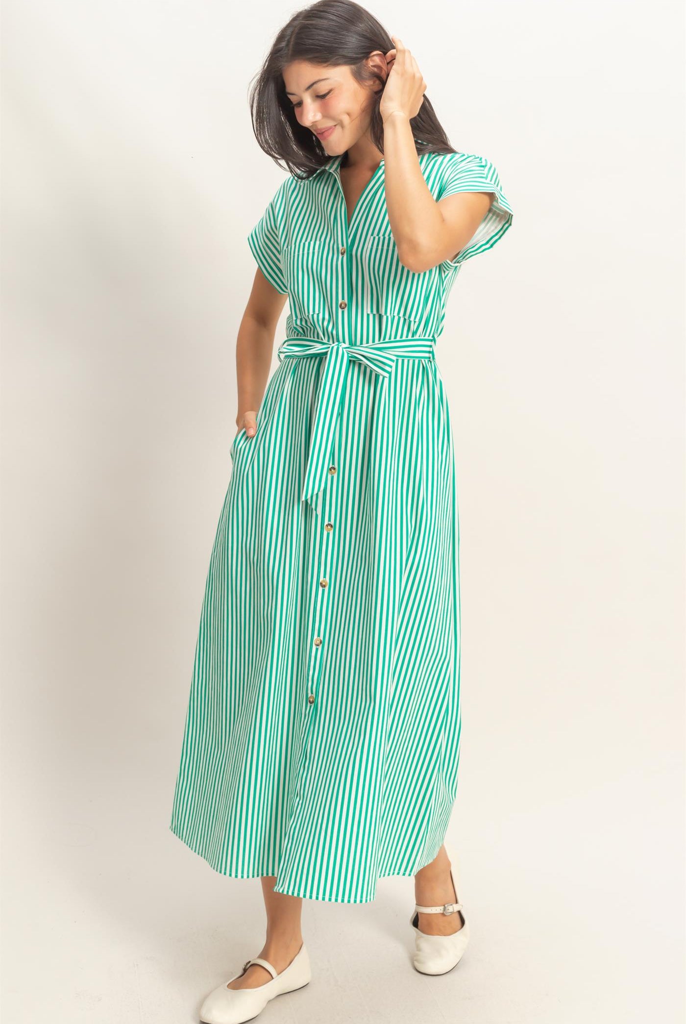 Wholesale Striped Poplin Belted Shirt Dress With Pockets Dresses DZ26C129 GREEN DOUBLE ZERO
