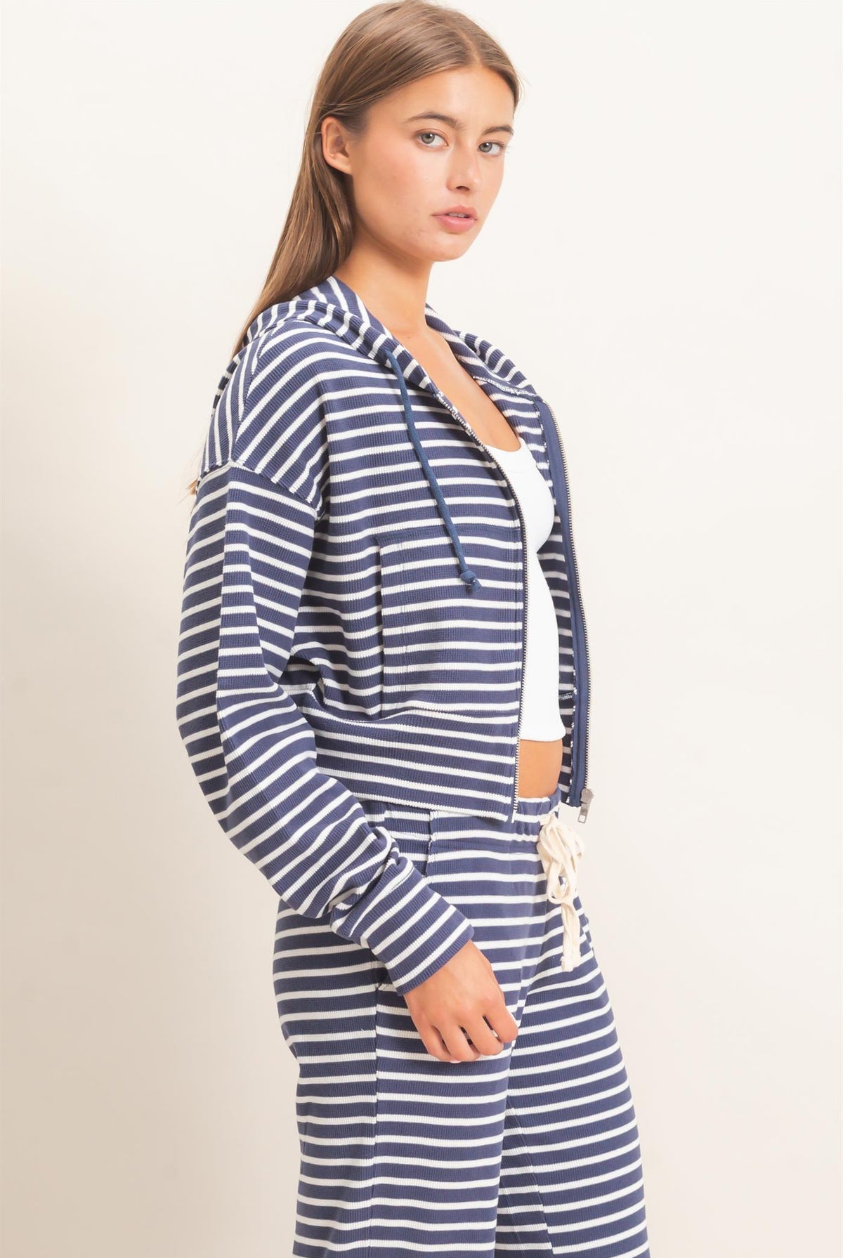 Wholesale Striped Zip-Up Hoodie Hoodies DZ26E433 NAVY DOUBLE ZERO