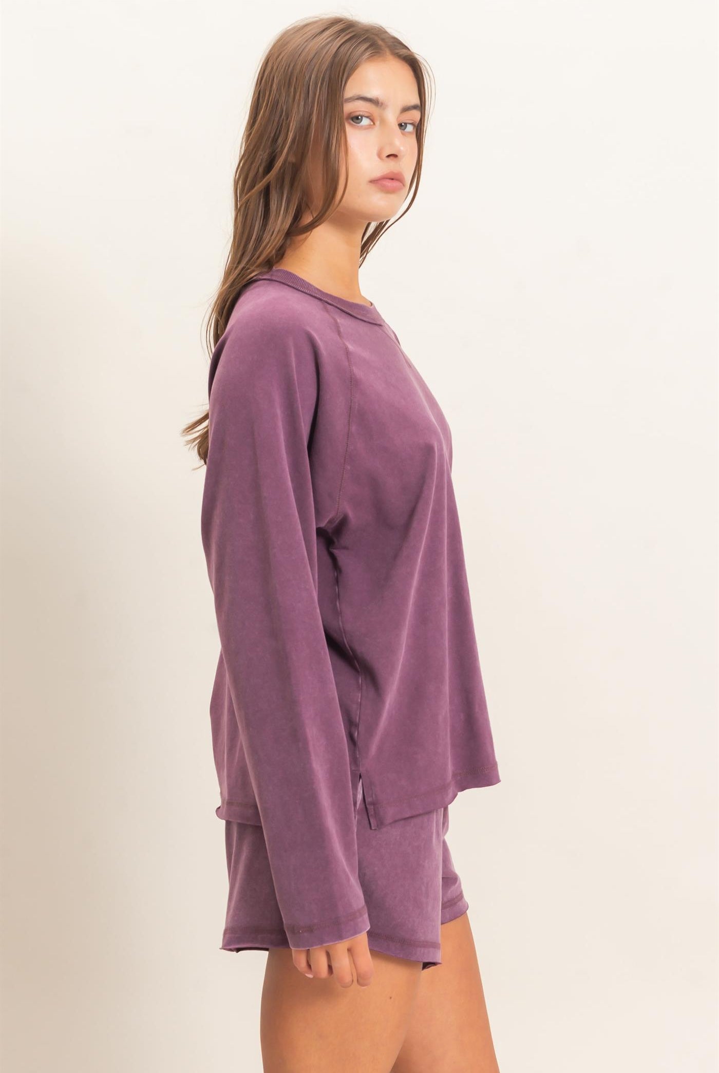 Wholesale Mineral Wash Long Sleeve Raw Edge Top & Shorts Set Clothing DZ26F403-SET DARK CHERRY DOUBLE ZERO
