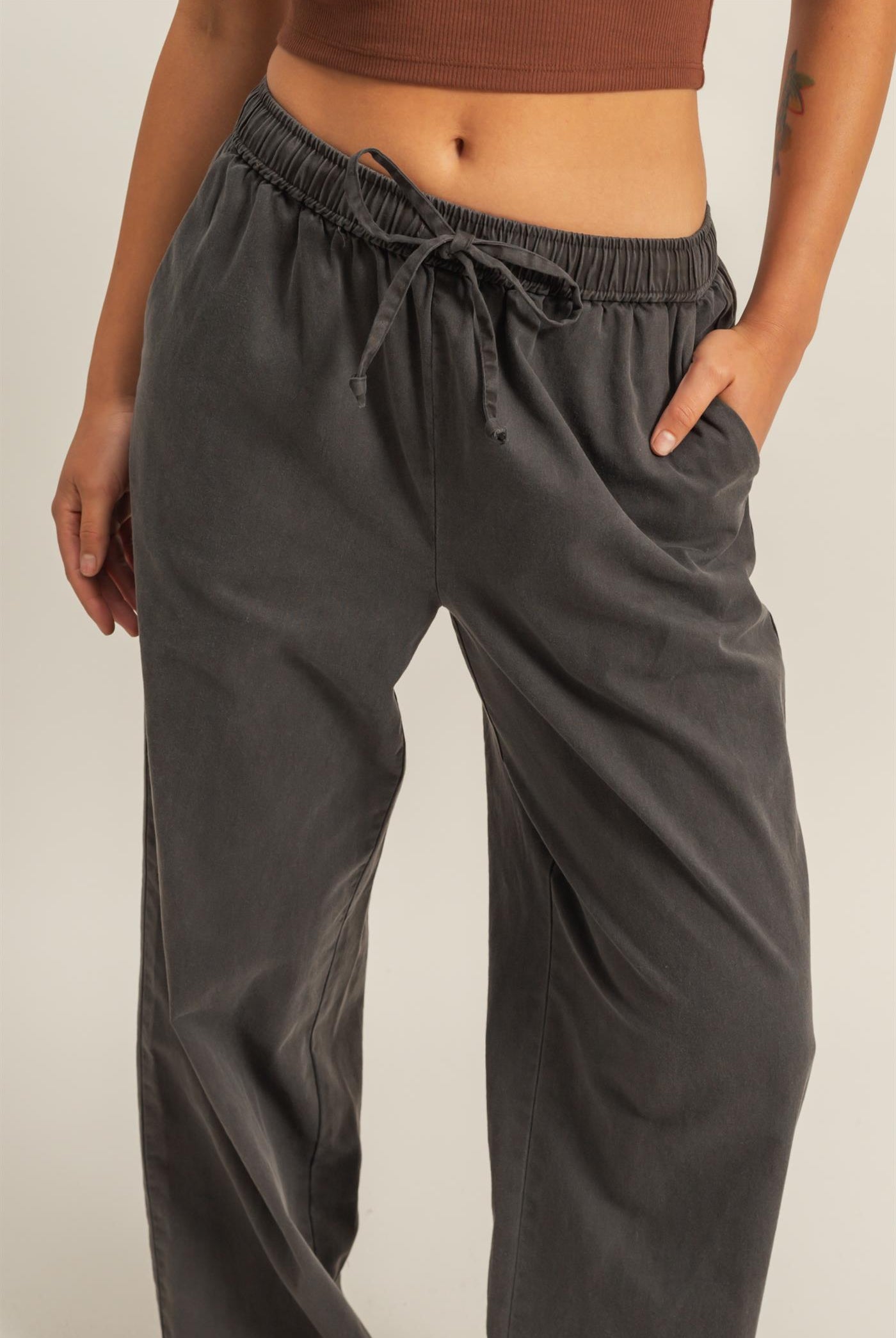 Wholesale Drawstring Waist Straight Leg Pants Pants DZ24A339 BLACK DOUBLE ZERO