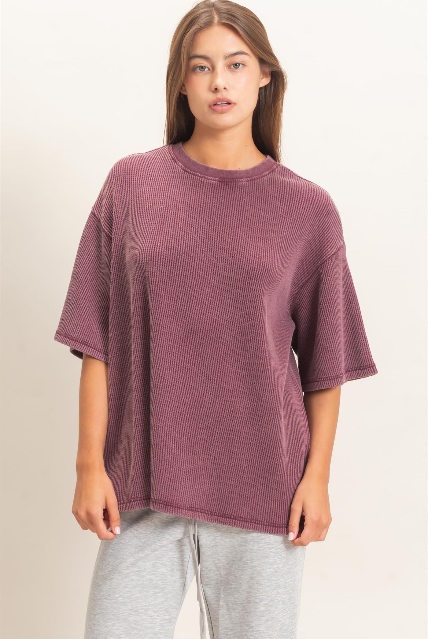 Wholesale Mineral Wash Waffle Crew Neck Short Sleeve Top Clothing Tops DZ26E328 DARK CHERRY DOUBLE ZERO