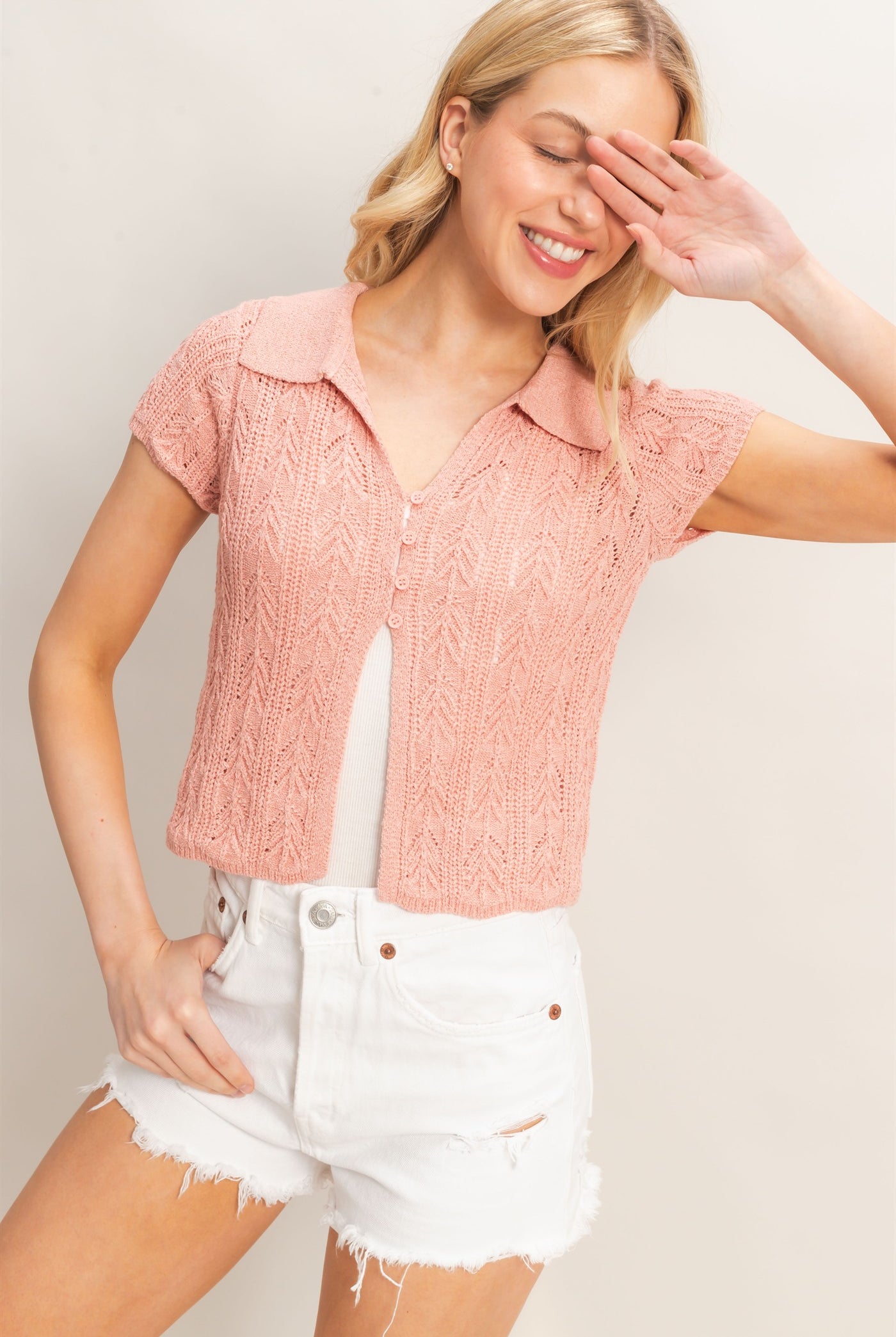 Wholesale Pointelle Knit Collared Cardigan Clothing Tops HF26A856 LIGHT MAUVE HYFVE