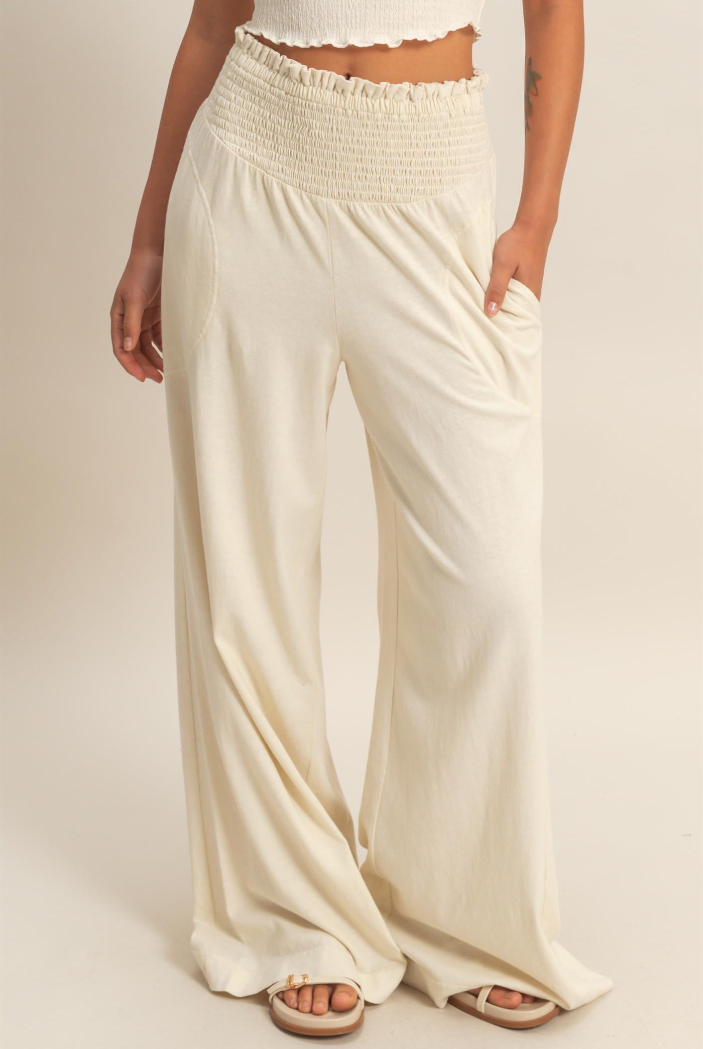 Wholesale Mineral Washed Wide-Leg Smocked Waist Pants Pants DZ26A249 ALPACA DOUBLE ZERO