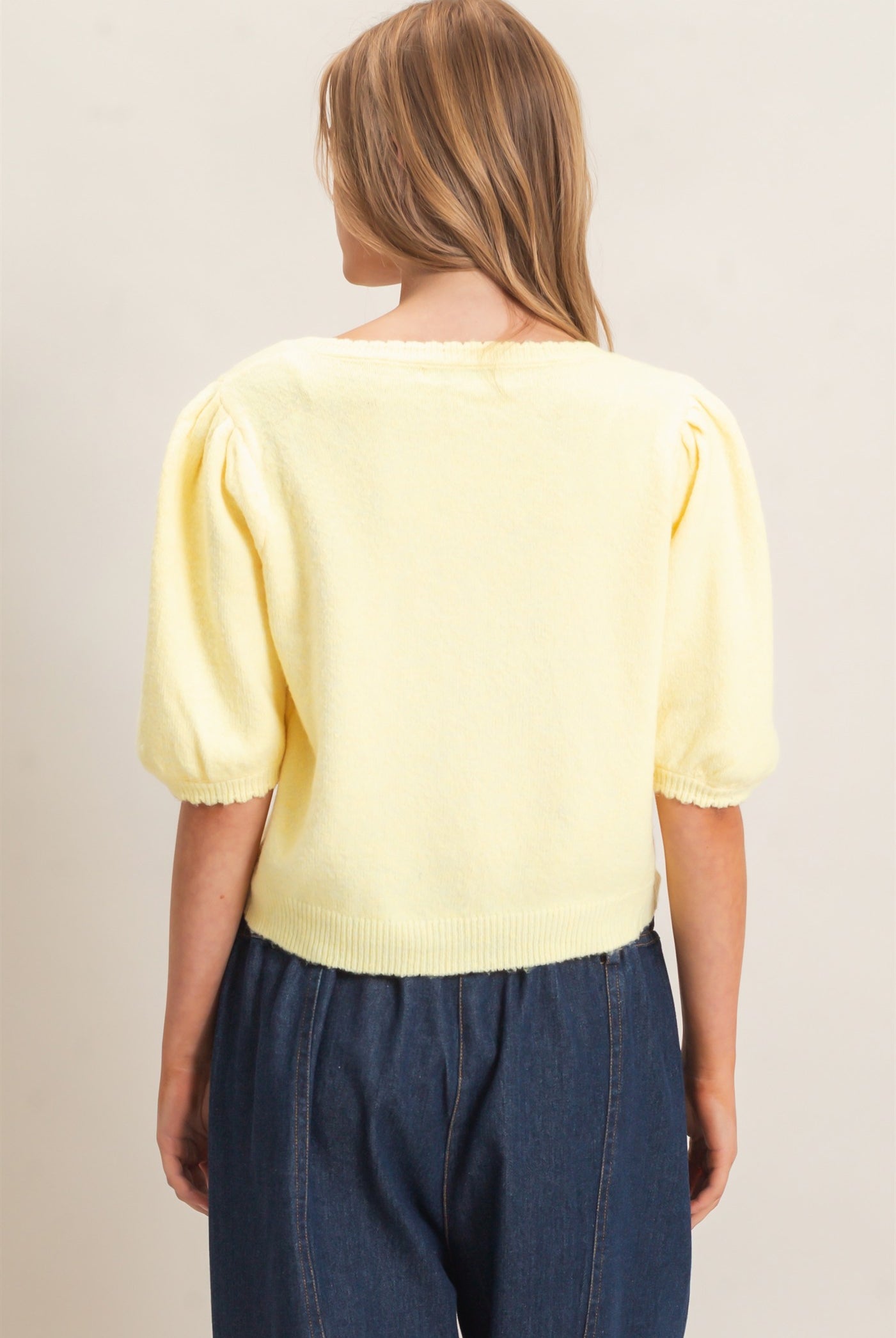Wholesale Button-Up Puff Sleeve Sweater Cardigan Cardigans HF26E165 PALE YELLOW HYFVE