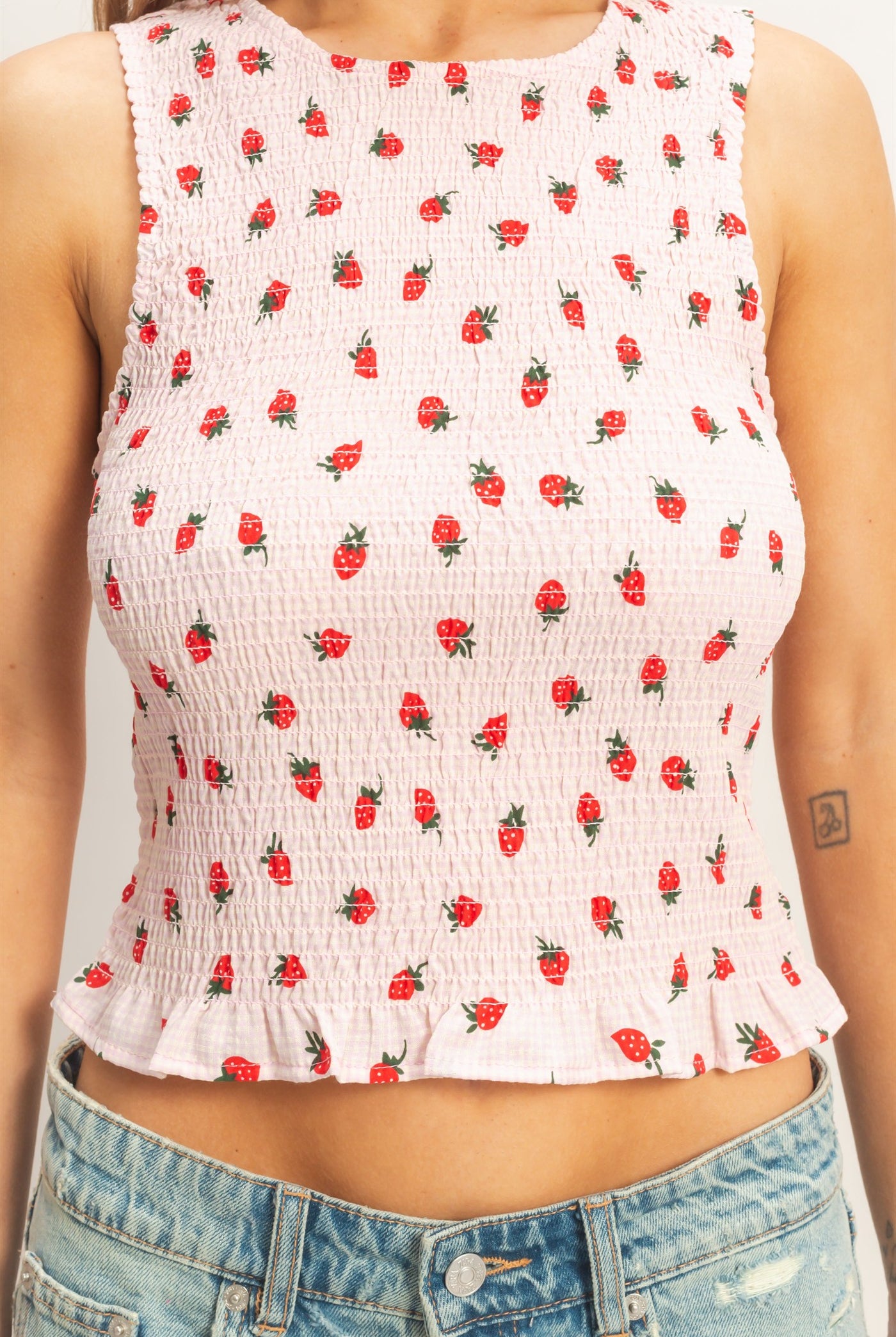 Wholesale Strawberry Print Gingham Smocked Sleeveless Top Clothing Tops HF26E707 PINK HYFVE