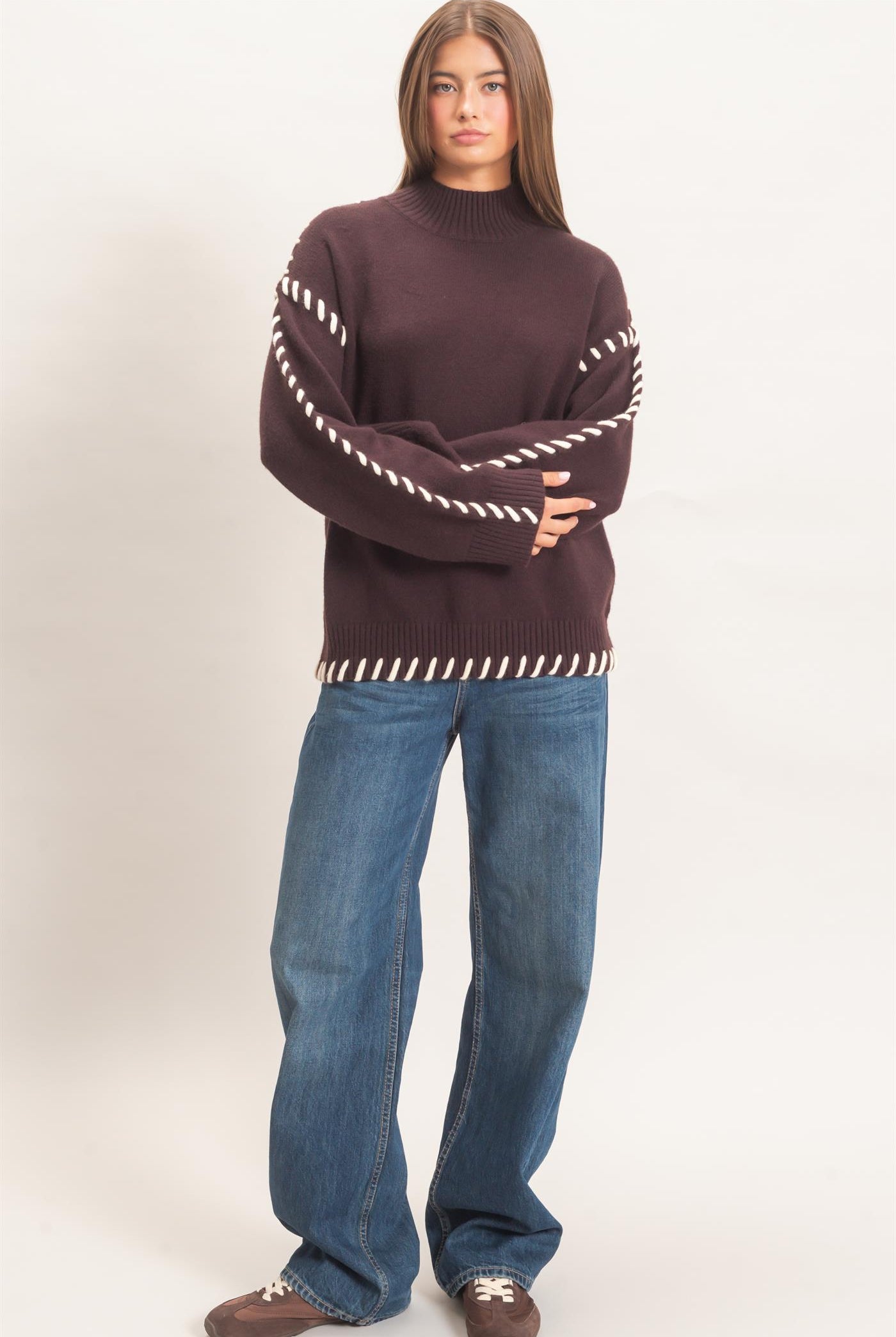Wholesale Blanket Stitch High Neck Sweater Sweaters DZ27A190 DARK BROWN DOUBLE ZERO