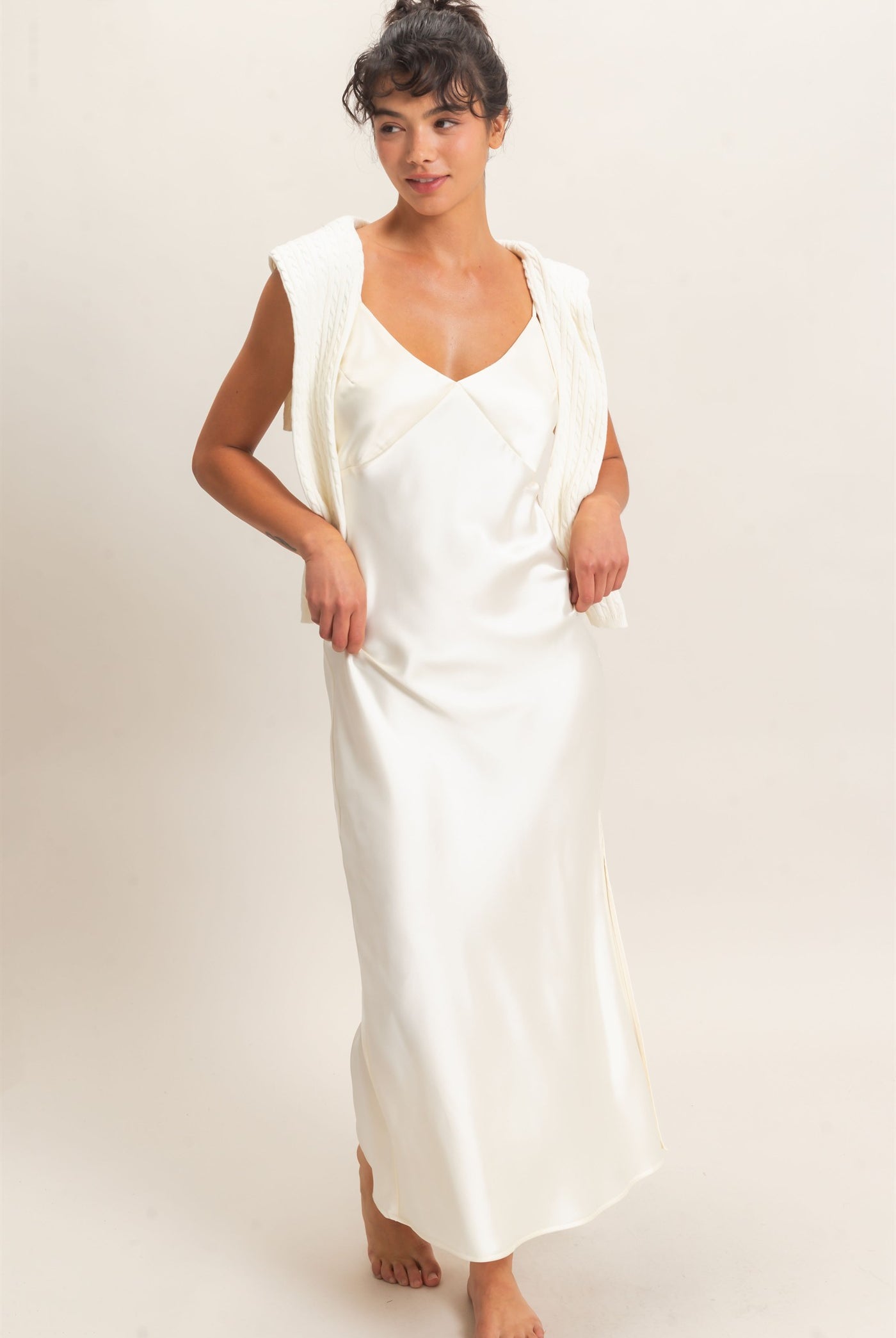 Wholesale Satin V-Neck Slip Dress Dresses DZ26E262 CREAM DOUBLE ZERO