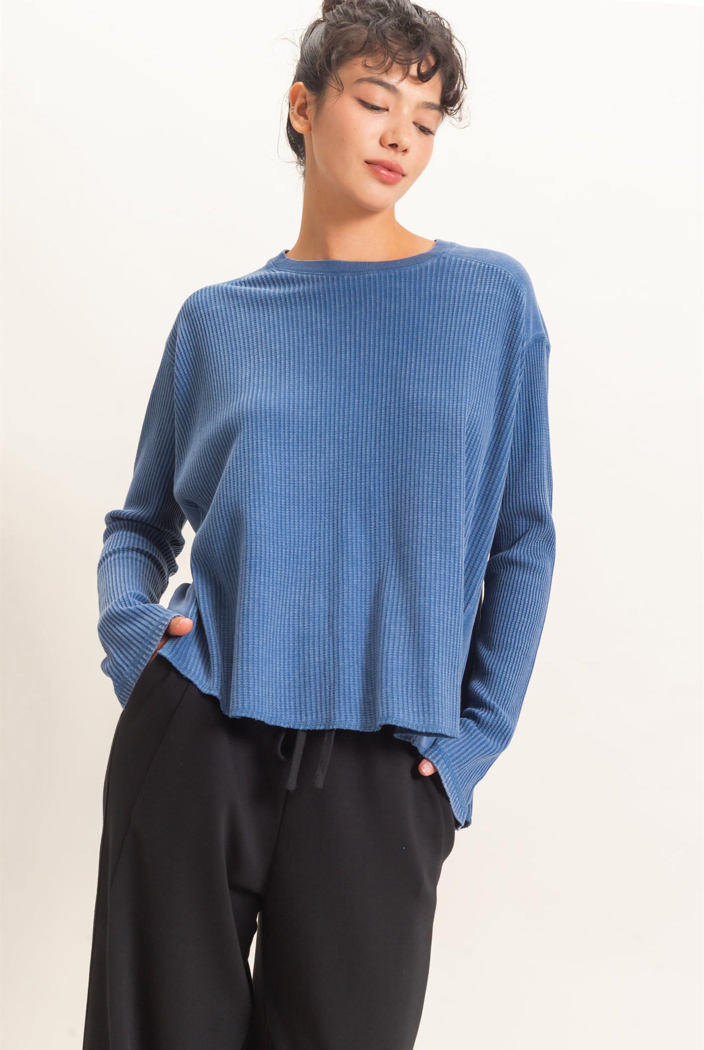 Wholesale Oversized Mineral Washed Waffle Knit Top Clothing Tops DZ26E654 NAVY DOUBLE ZERO