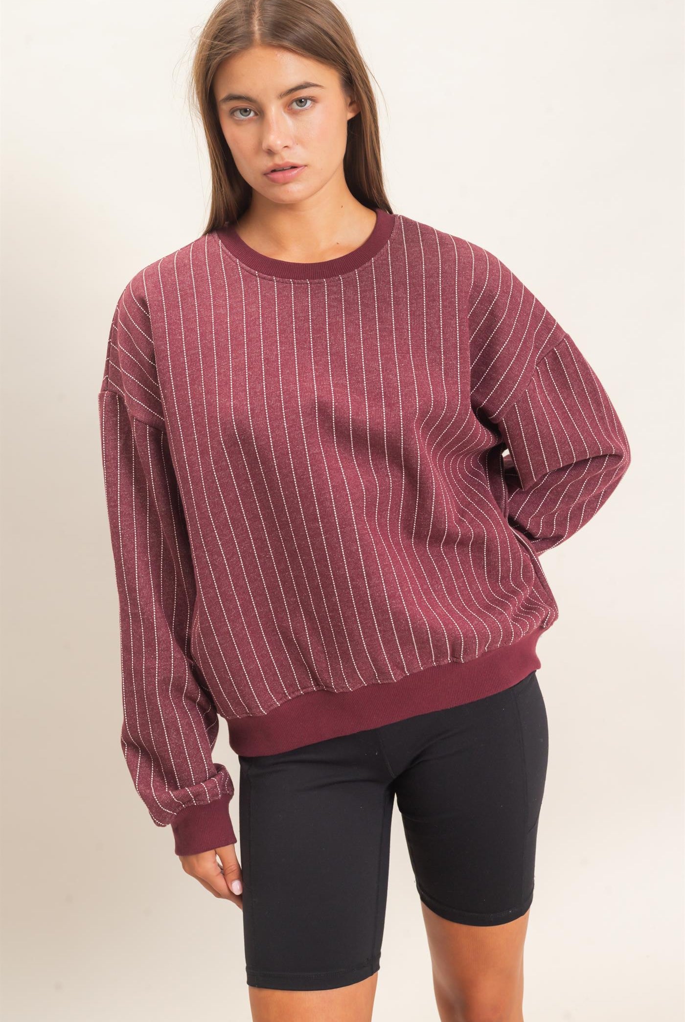 Wholesale Pinstripe Crew Neck Sweatshirt Sweatshirts DZ26E627 DARK CHERRY DOUBLE ZERO