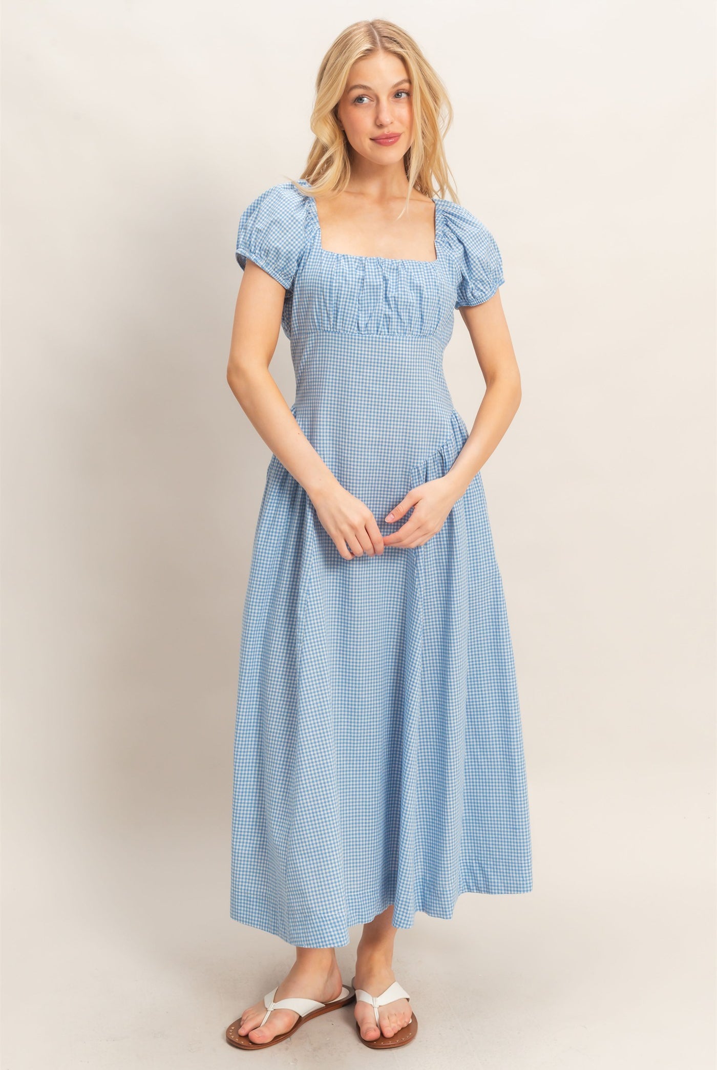 Wholesale Gingham Puff Sleeve Dress Dresses HF26A321 BLUE HYFVE