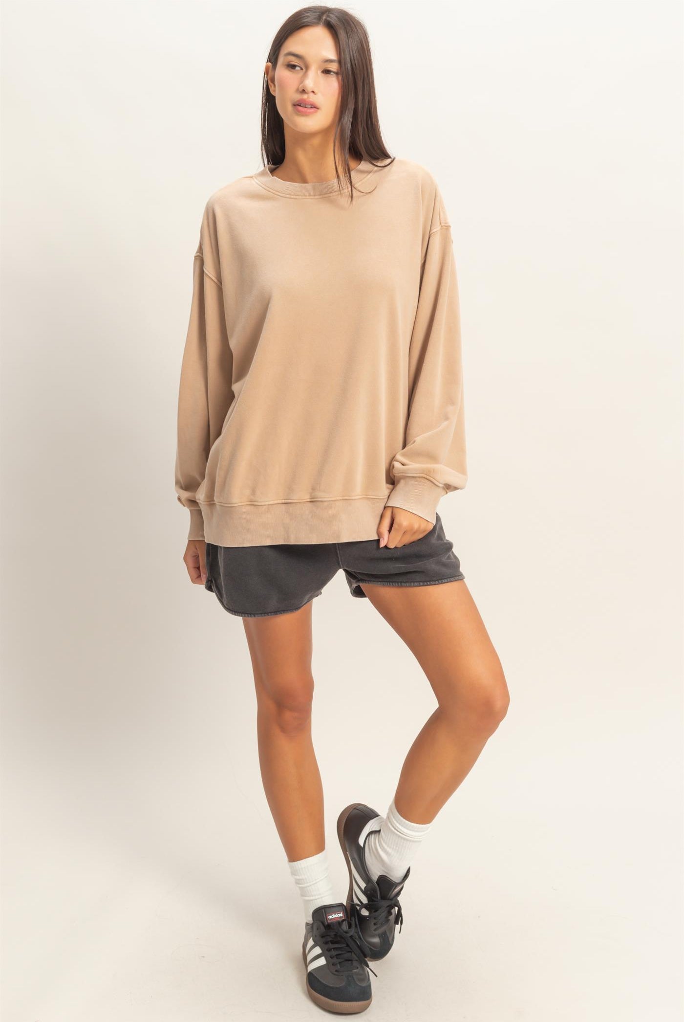 Wholesale Mineral Washed Crew Neck Sweatshirt Sweatshirts DZ26A262 DARK TAUPE DOUBLE ZERO