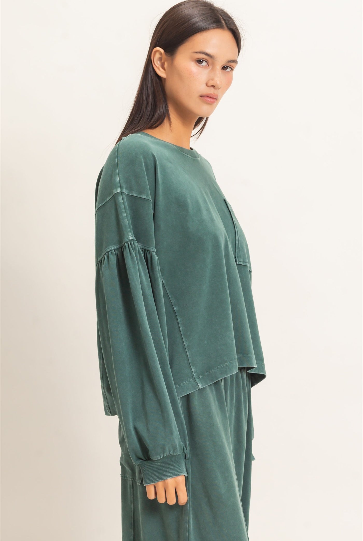 Wholesale Mineral Wash Puff Long Sleeve Boxy Top Clothing Tops DZ26F402 DARK GREEN DOUBLE ZERO