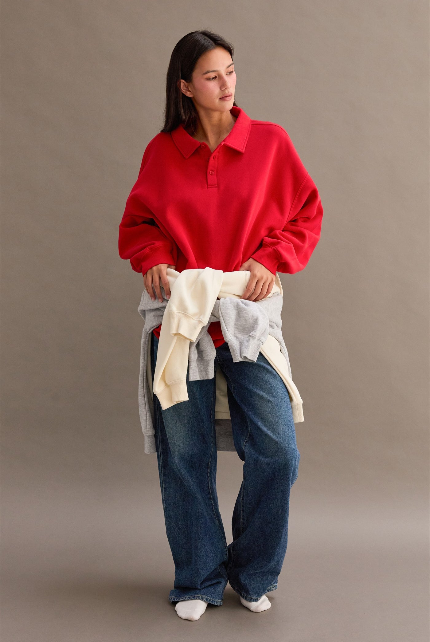 Wholesale Oversized Polo Collared Pullover Sweatshirts DZ25F074 RED DOUBLE ZERO