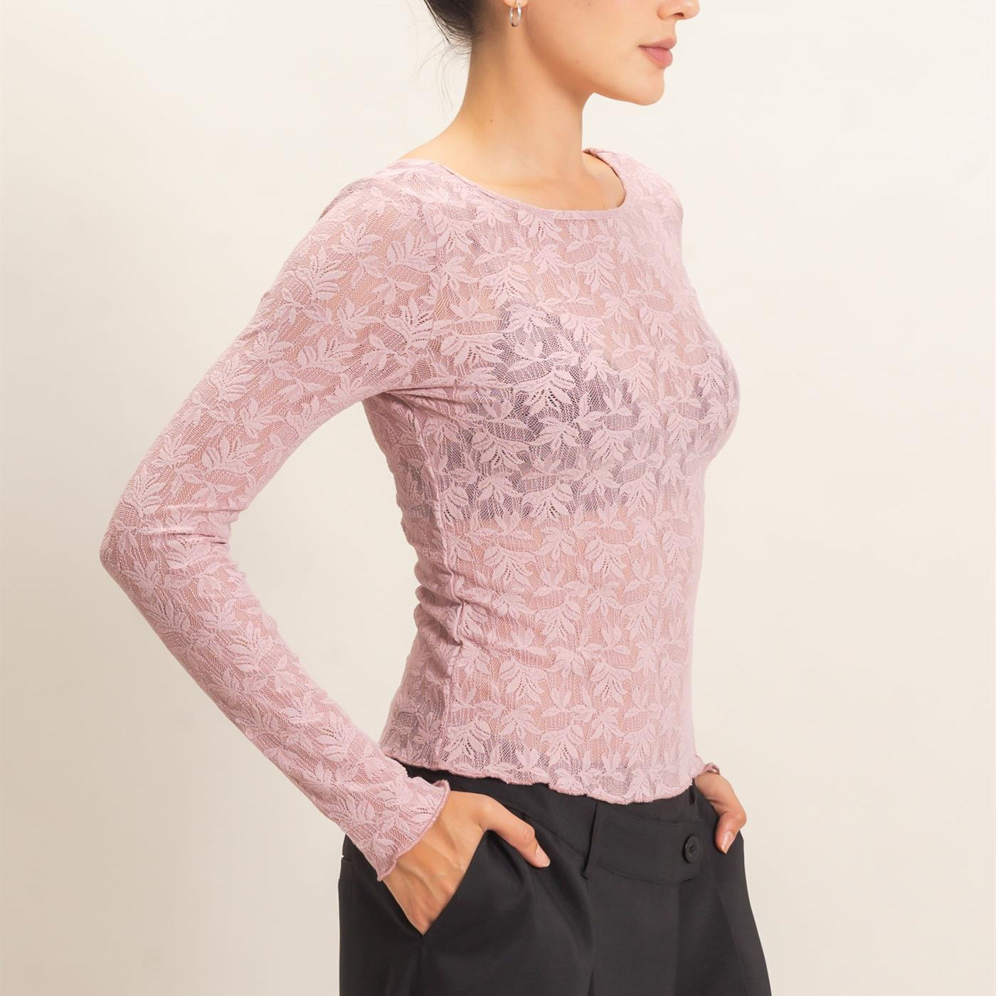 Wholesale Floral Lace Long Sleeve Top Clothing Tops HF26E309 LIGHT MAUVE HYFVE
