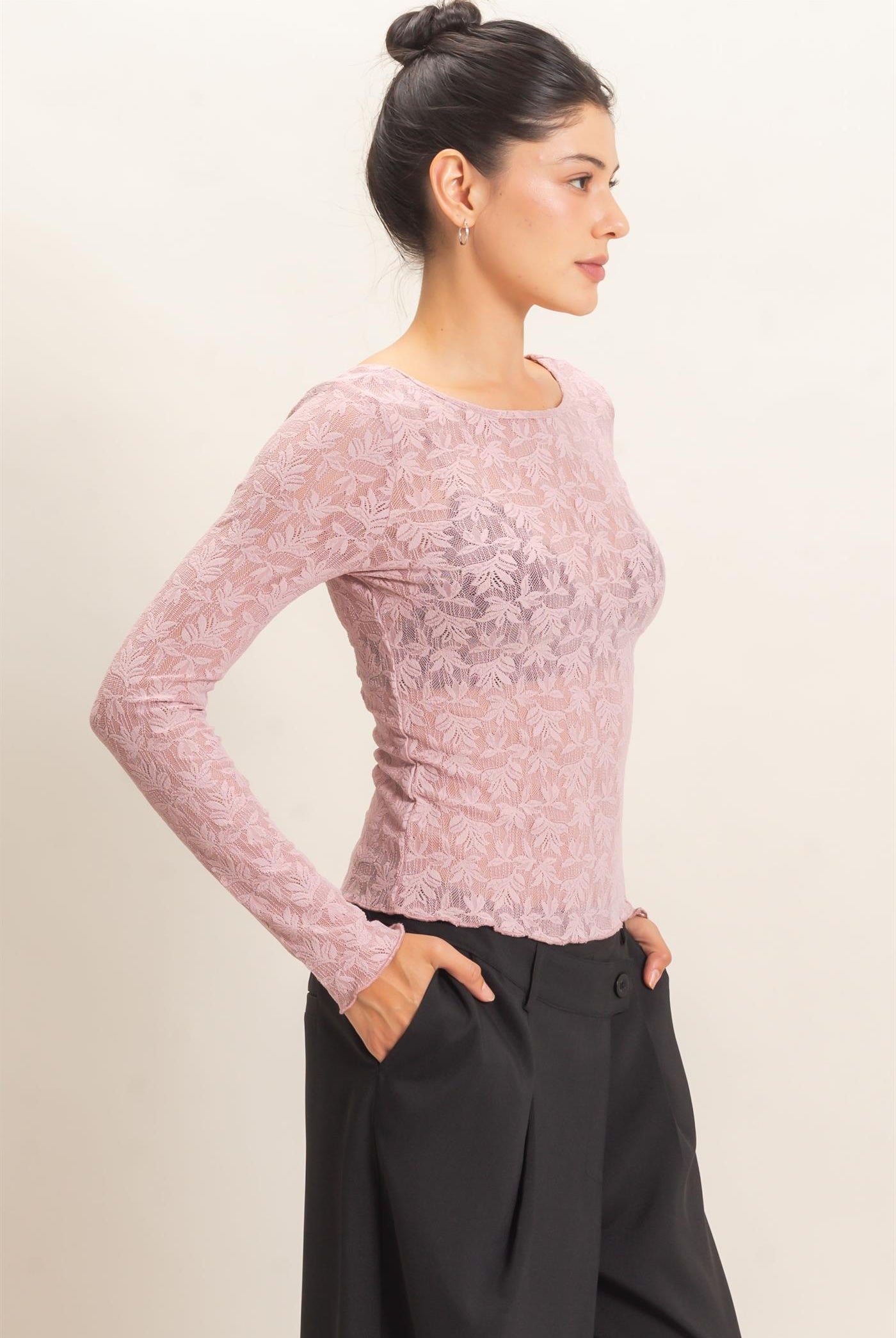 Wholesale Floral Lace Long Sleeve Top Clothing Tops HF26E309 LIGHT MAUVE HYFVE