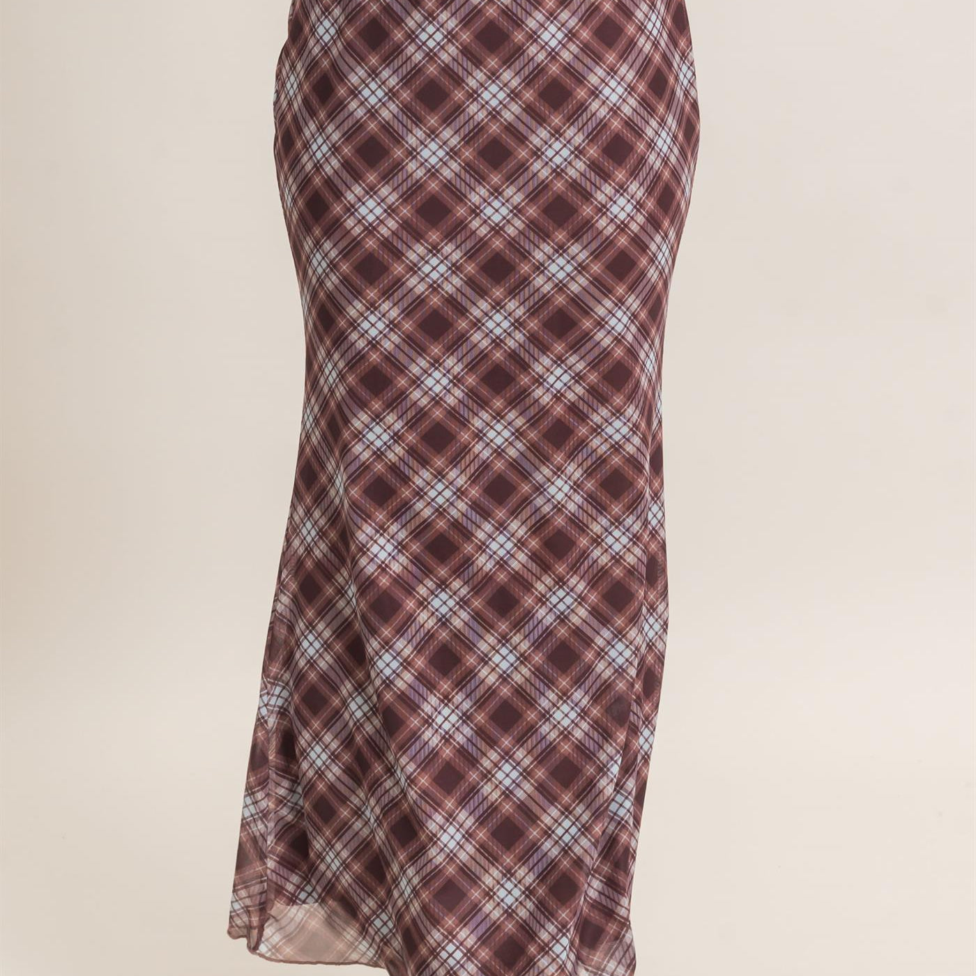 Wholesale Printed Mesh Maxi Skirt Skirts HF26F214 BROWN/PLAID HYFVE