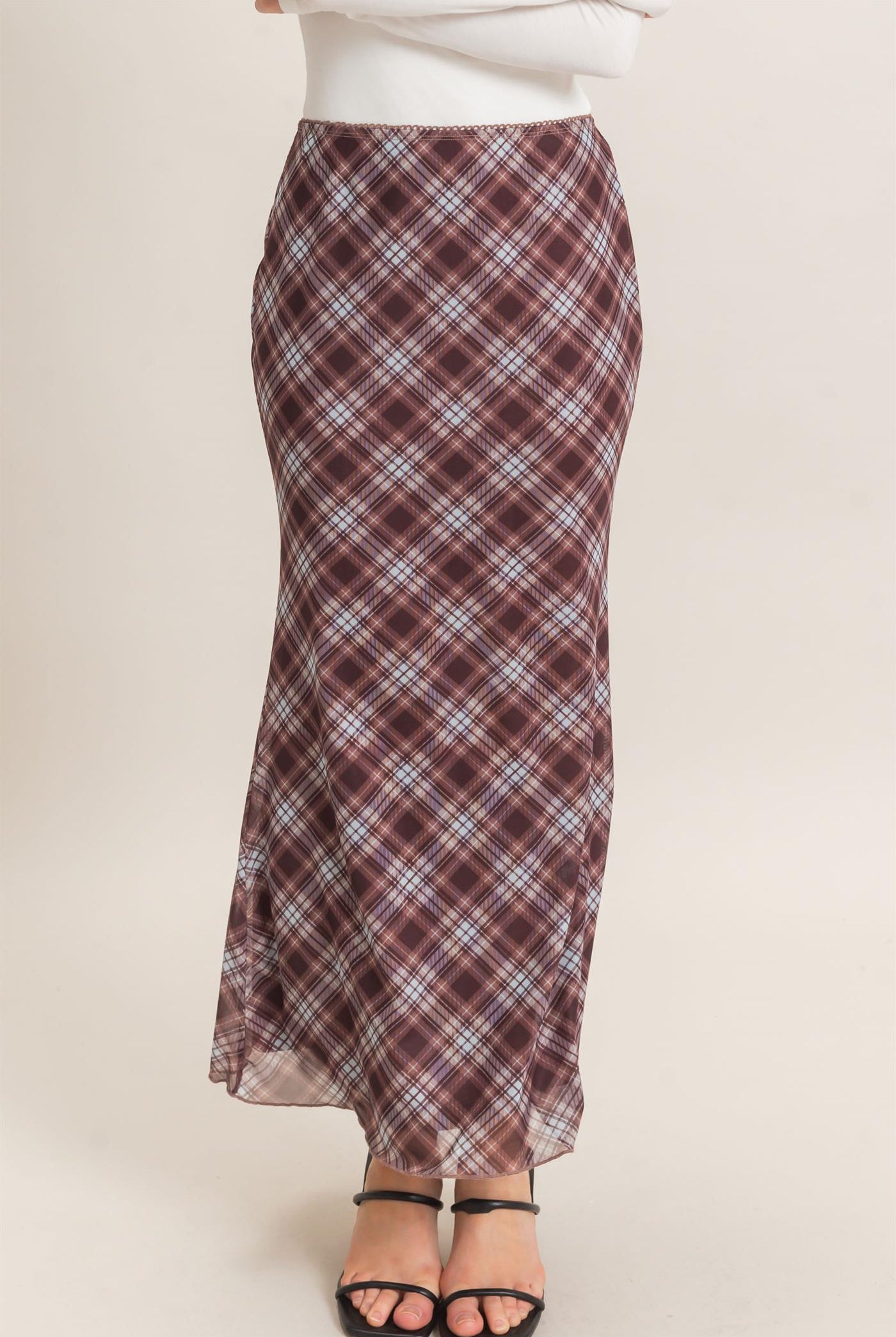 Wholesale Printed Mesh Maxi Skirt Skirts HF26F214 BROWN/PLAID HYFVE