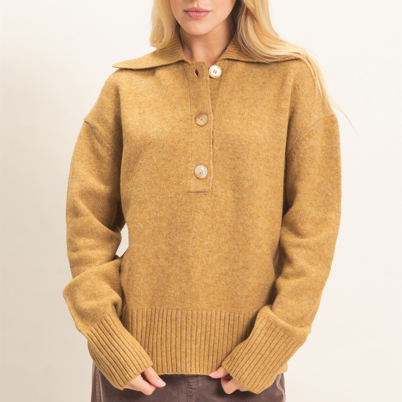 Wholesale Button-Up Collared Sweater Sweaters HF26E752 CAMEL HYFVE
