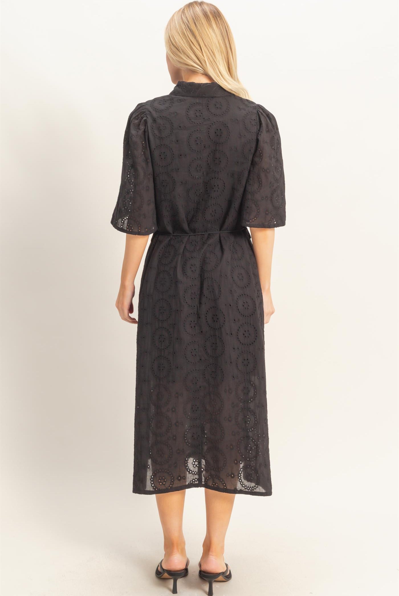 Wholesale Eyelet Collared Midi Dress Dresses HF26A021 BLACK HYFVE