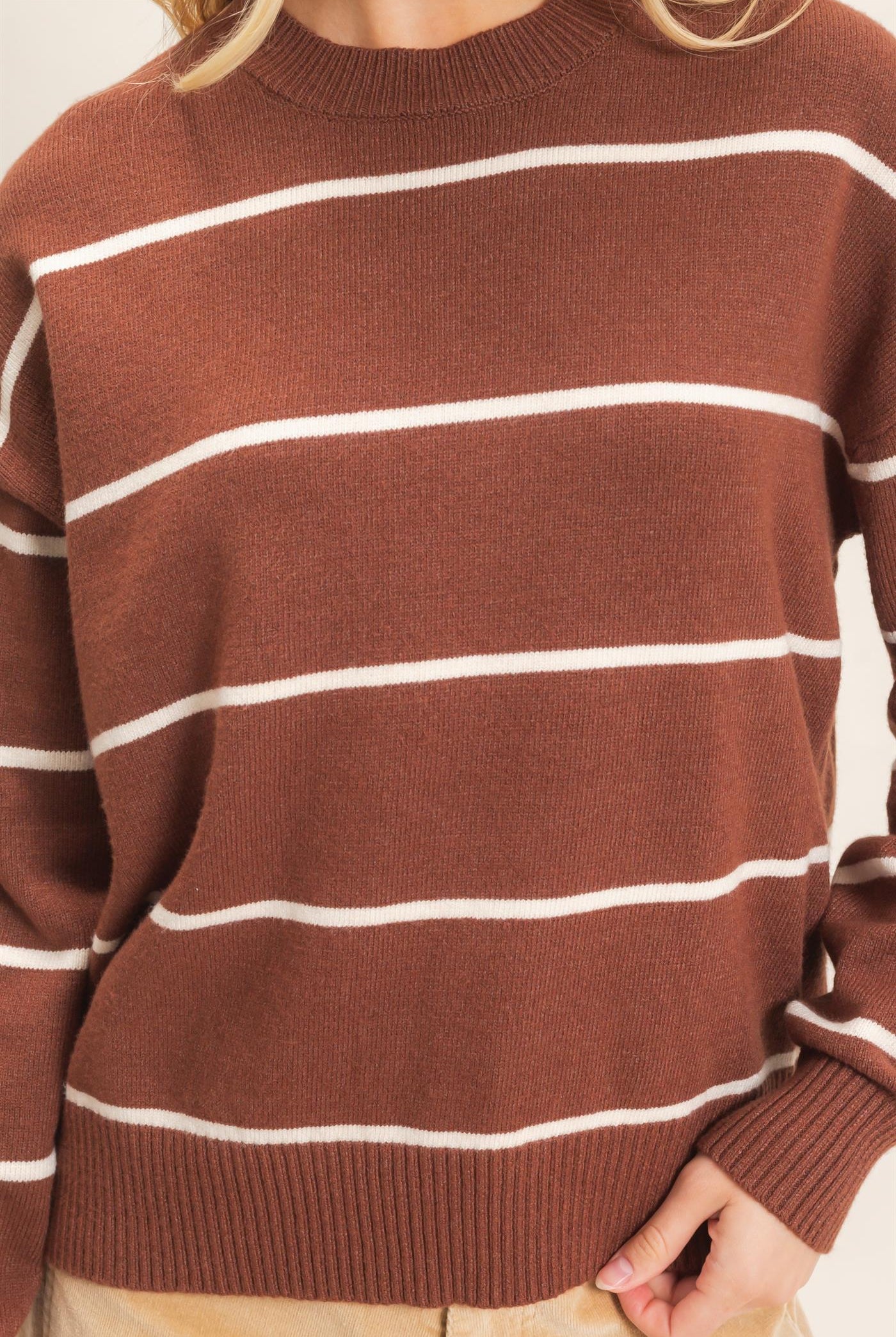 Wholesale Striped Ribbed Crew Neck Sweater Sweaters HF26F169 BROWN HYFVE