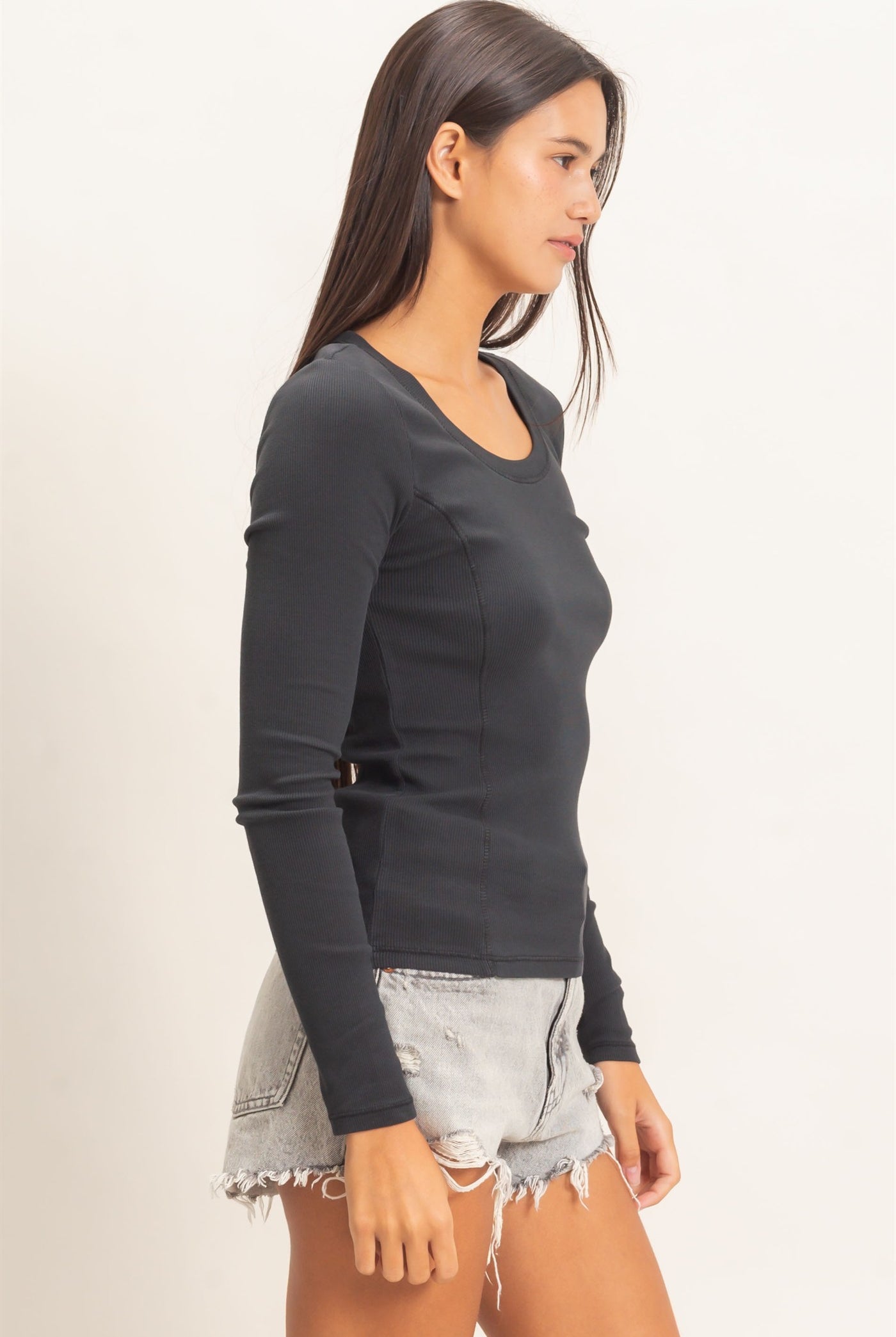 Wholesale Pigment Dye Seam Detail Scoop Neck Top Clothing Tops DZ26E242 BLACK DOUBLE ZERO