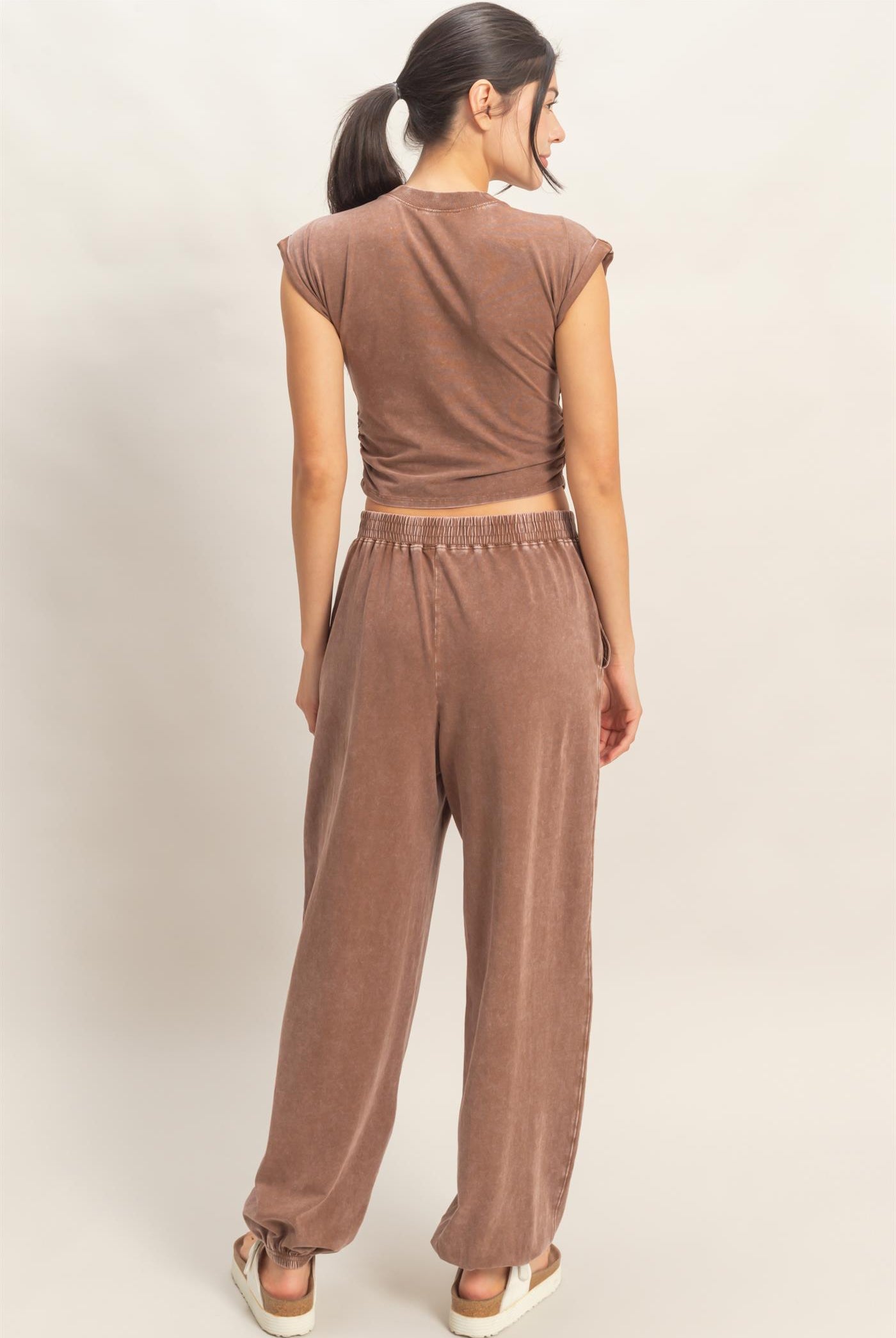 Wholesale Rolled Sleeve Wrap-Front Crop Top And Jogger Set Clothing DZ26A172-SET CHOCOLATE DOUBLE ZERO