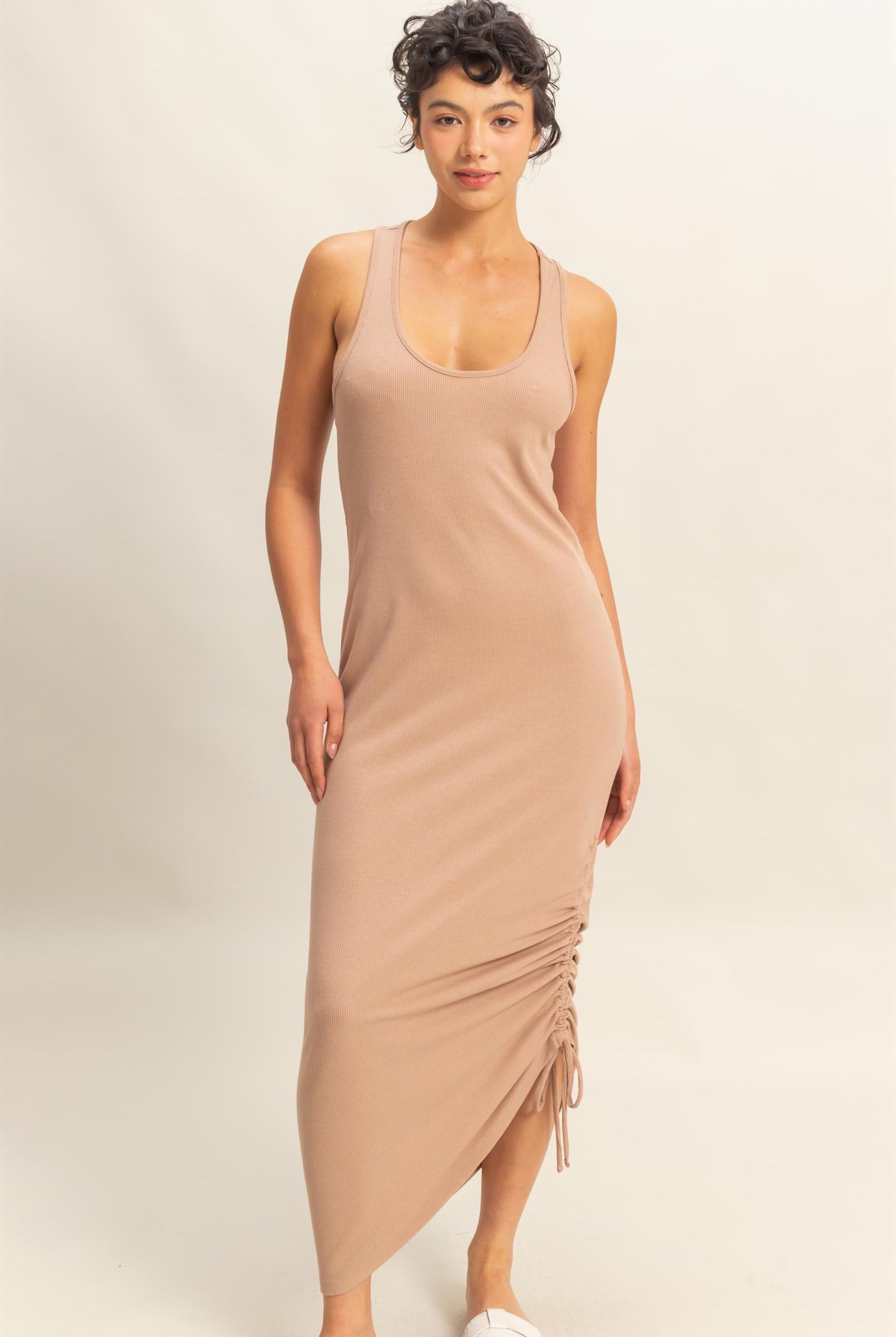 Wholesale Scoop Neck Side Tie Detail Midi Dress Dresses DZ25C152 DARK TAUPE DOUBLE ZERO