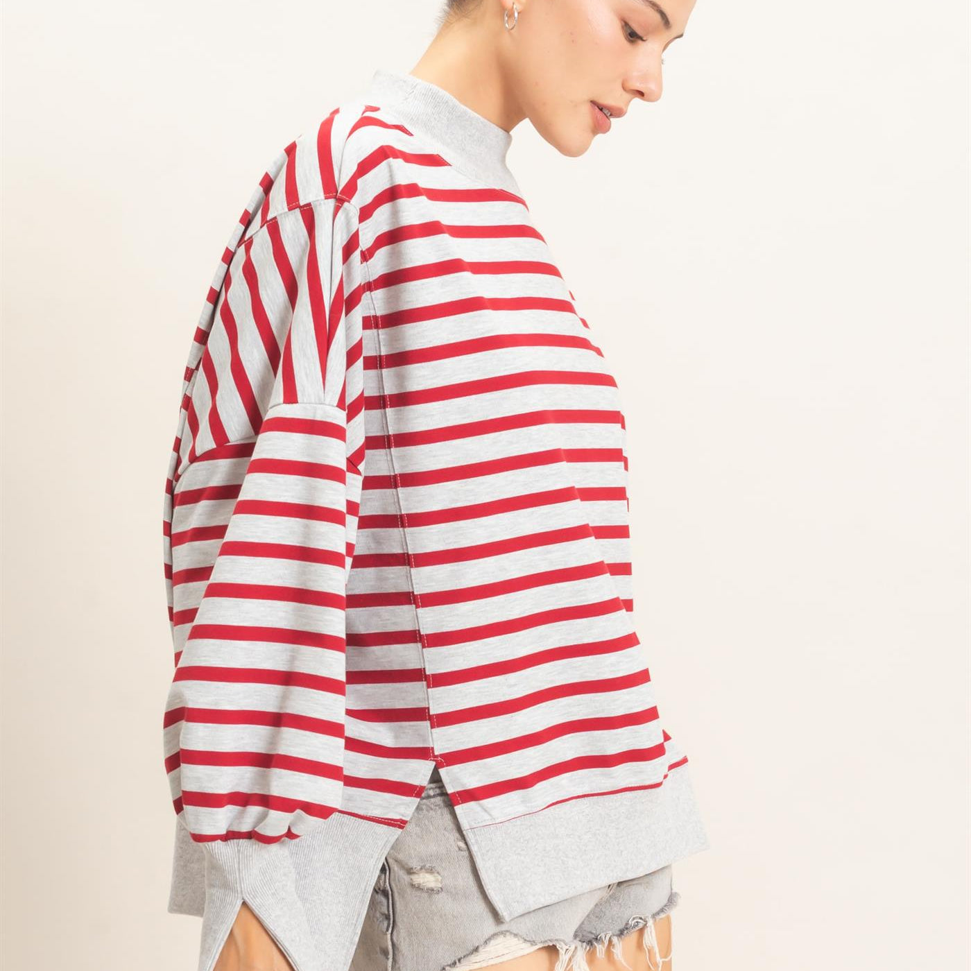 Wholesale Striped Mock Neck Sweatshirt Sweatshirts HF27A178-D H.GRAY/RED HYFVE