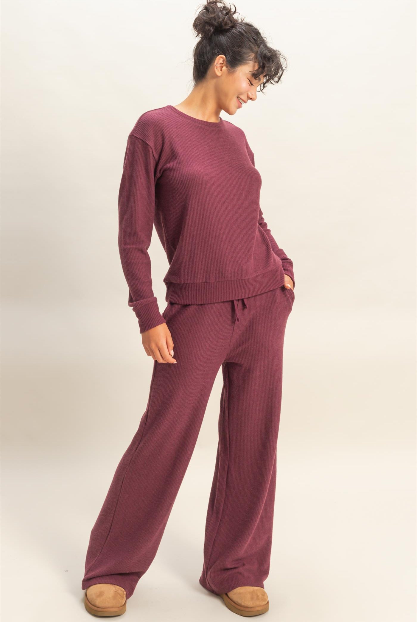 Wholesale Brushed Waffle Crew Neck Long Sleeve Top Clothing Tops DZ26A177 DARK CHERRY DOUBLE ZERO