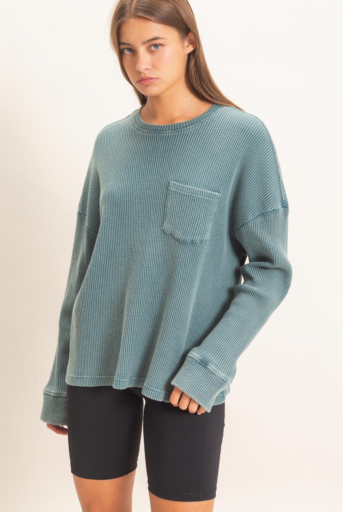 Wholesale Mineral Wash Waffle Long Sleeve Top Clothing Tops DZ26F242 DARK TEAL DOUBLE ZERO