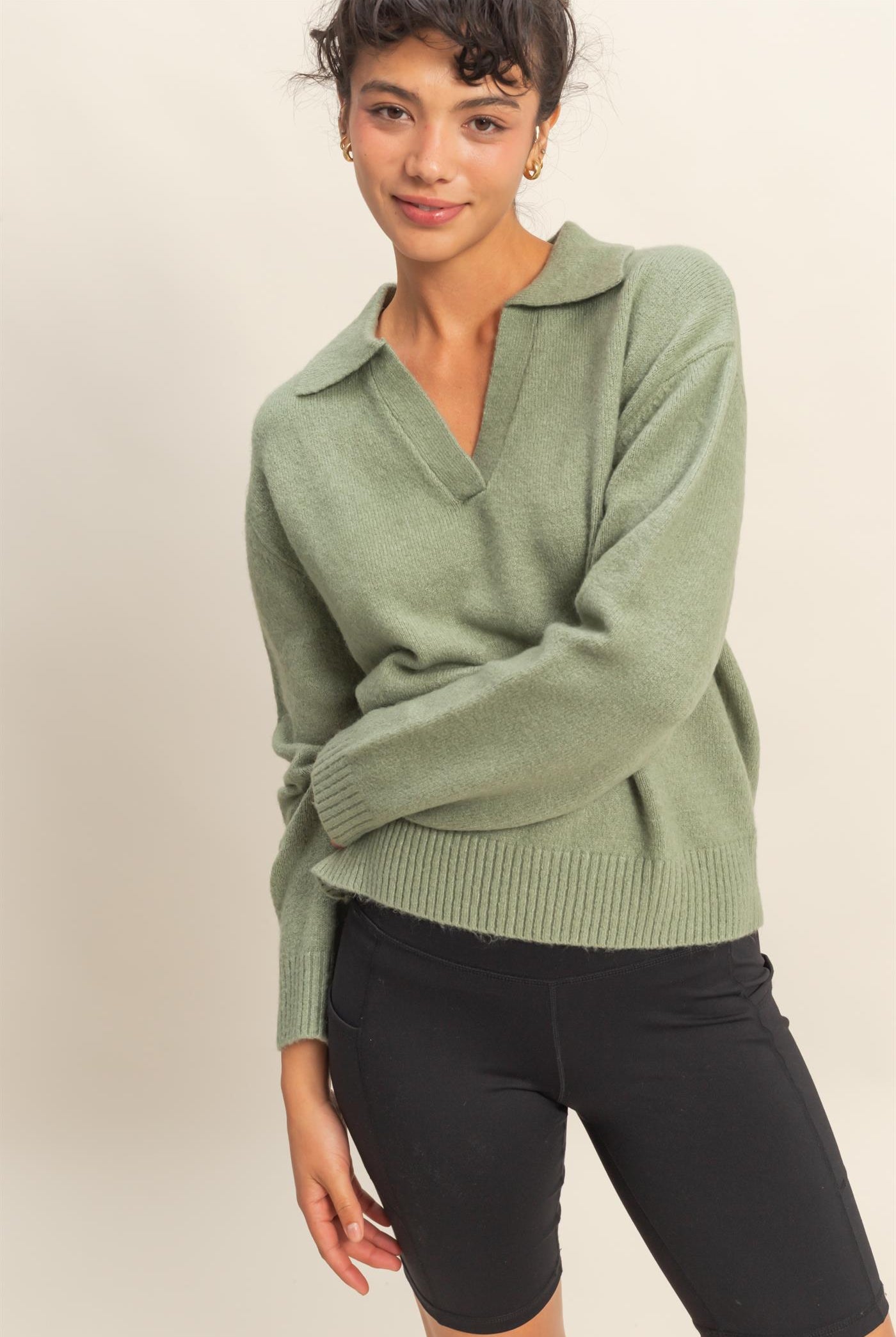 Wholesale Collared V Neck Sweater Sweaters DZ25C947 SAGE GREEN DOUBLE ZERO
