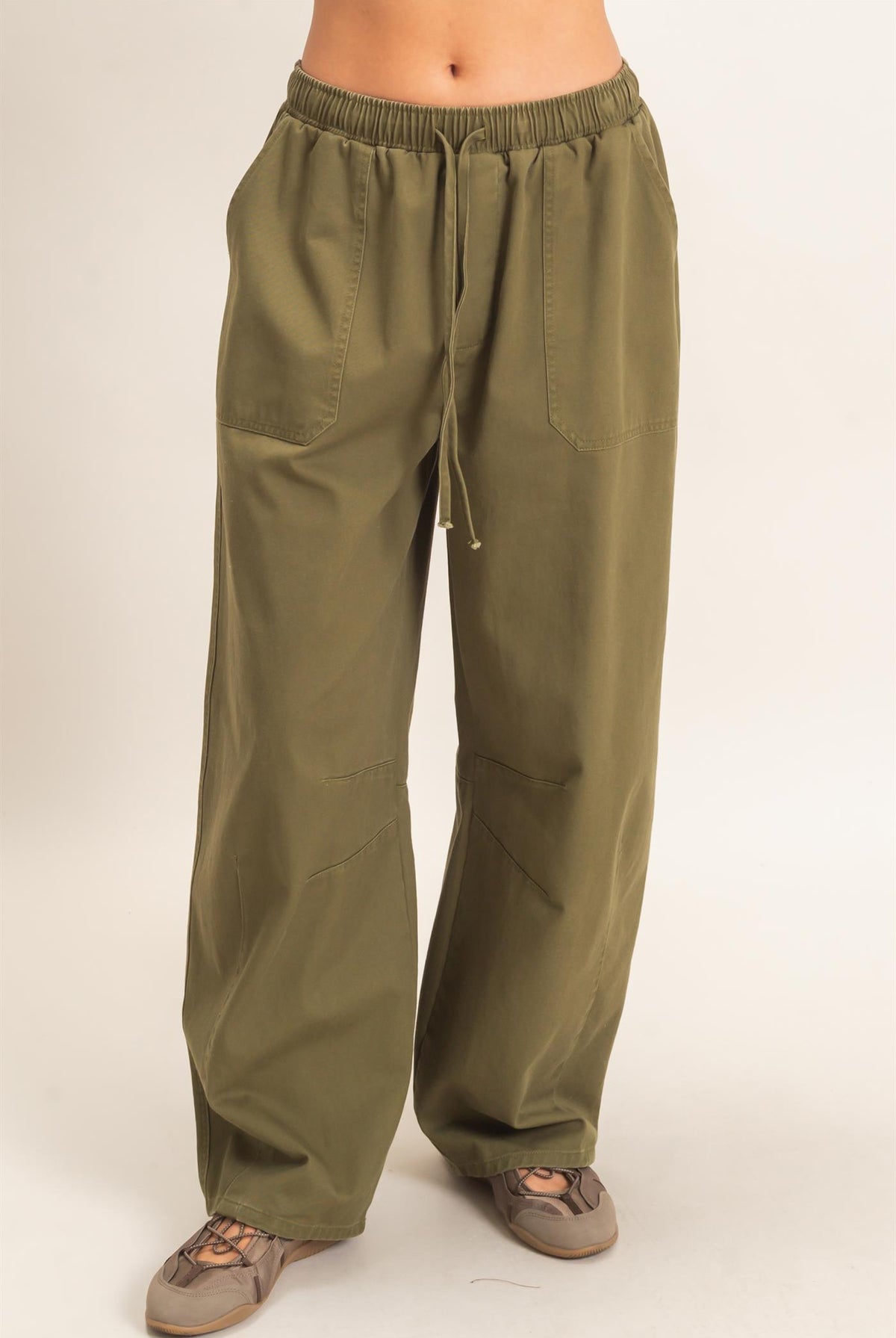 Wholesale Twill Elastic Waist Barrel Pants Pants DZ27A228 DARK OLIVE DOUBLE ZERO