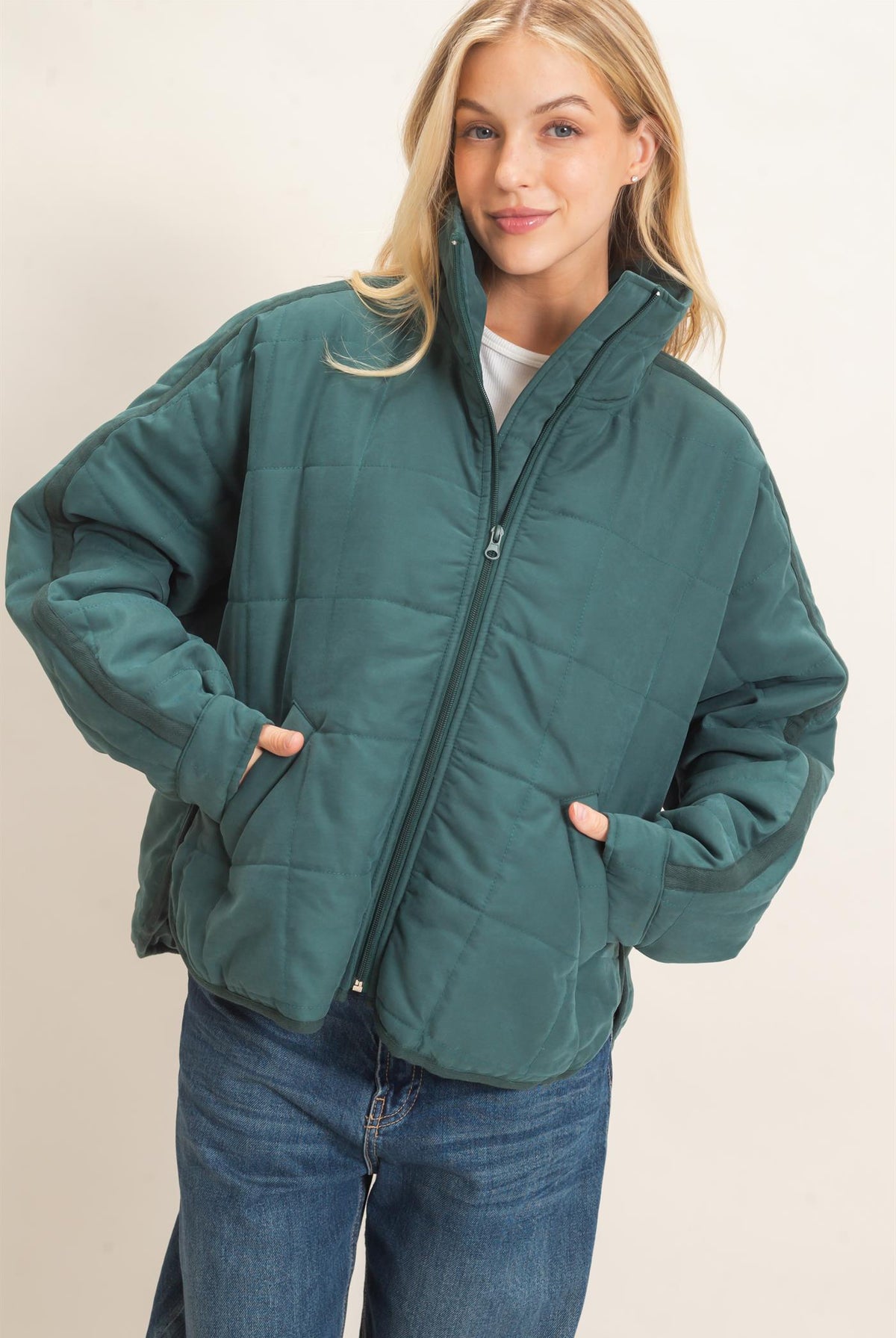 Wholesale Quilted High Collar Jacket Coats & Jackets HF26F167-D TEAL HYFVE