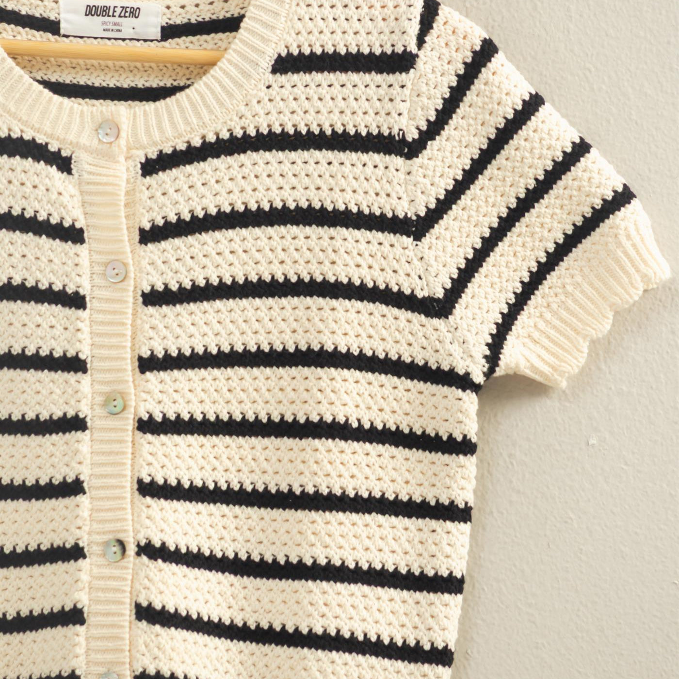 Wholesale Striped Short Sleeve Cardigan With Scallop Edge Cardigans DZ26A605 BLACK DOUBLE ZERO