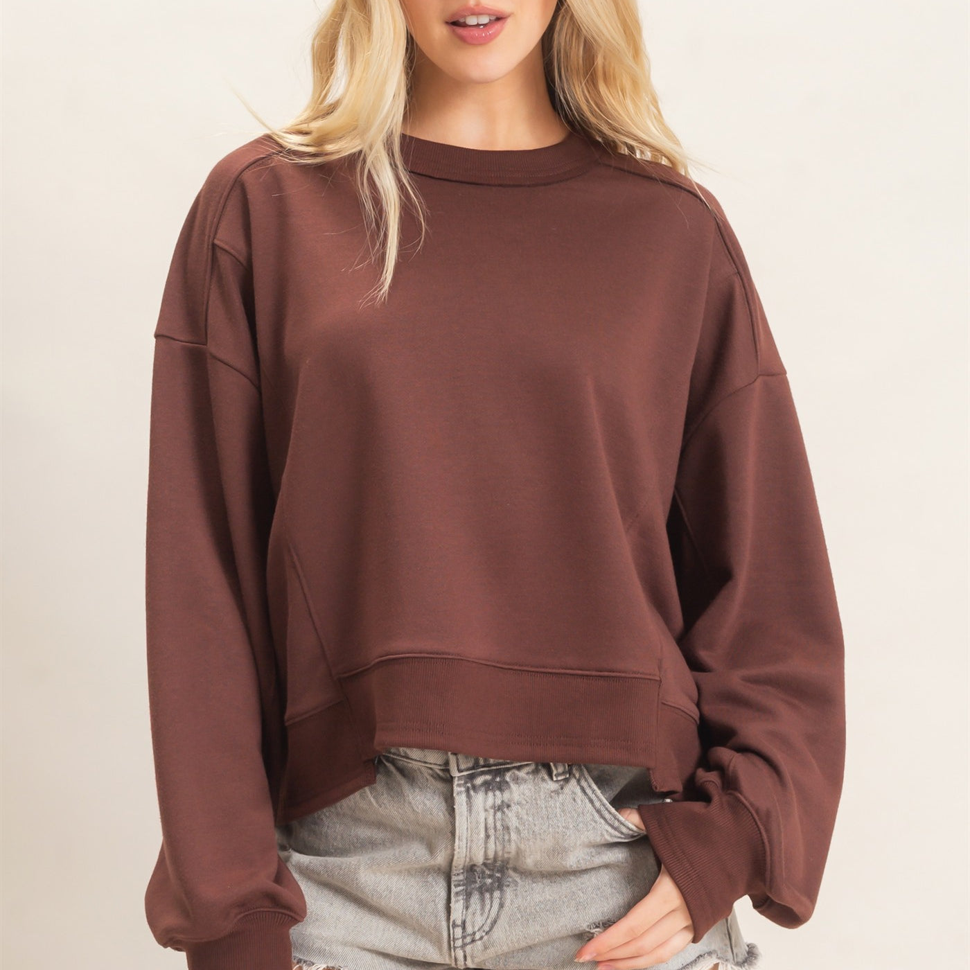 Wholesale Ribbed Crew Neck Sweatshirt Sweatshirts HF26F087 BROWN HYFVE