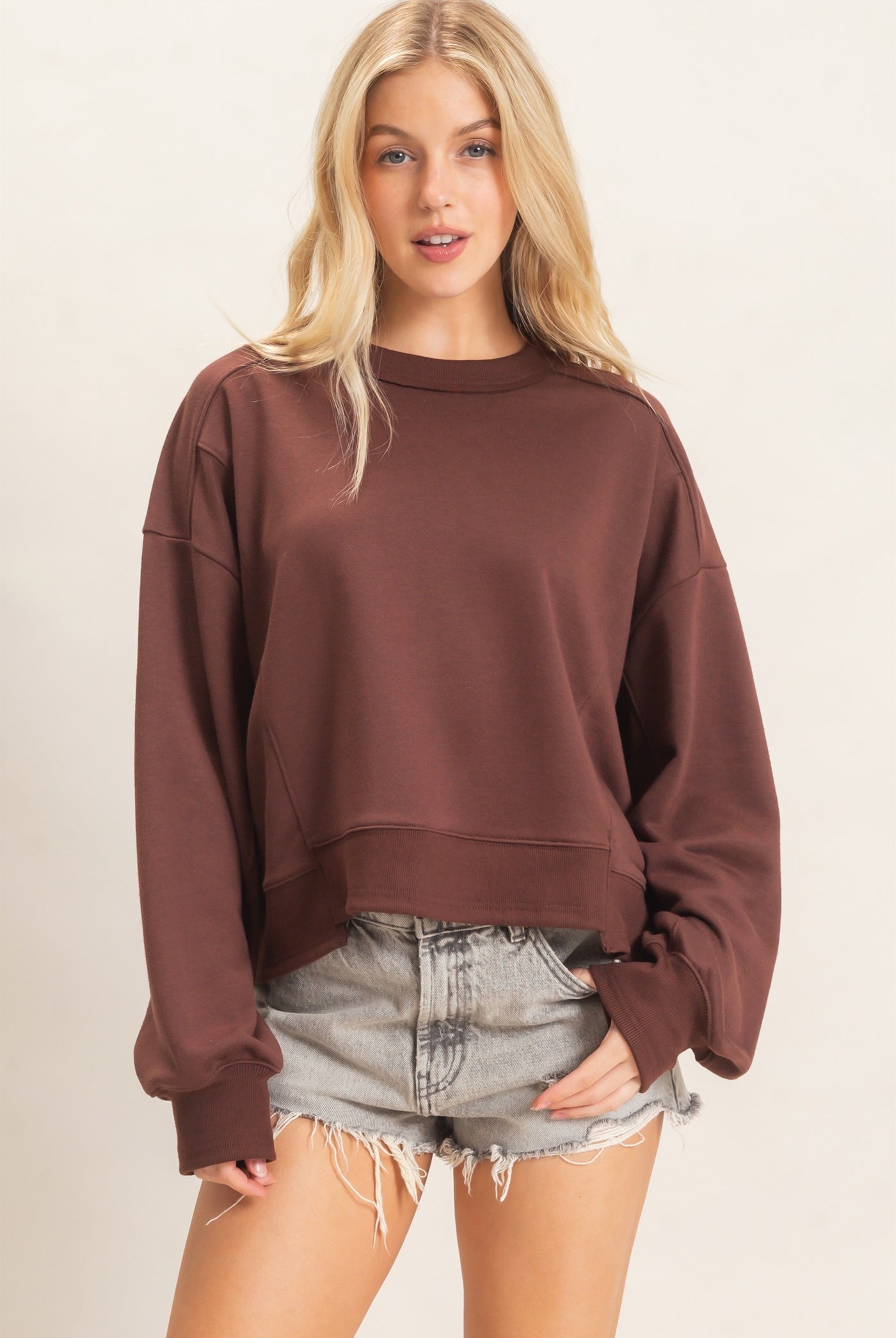 Wholesale Ribbed Crew Neck Sweatshirt Sweatshirts HF26F087 BROWN HYFVE