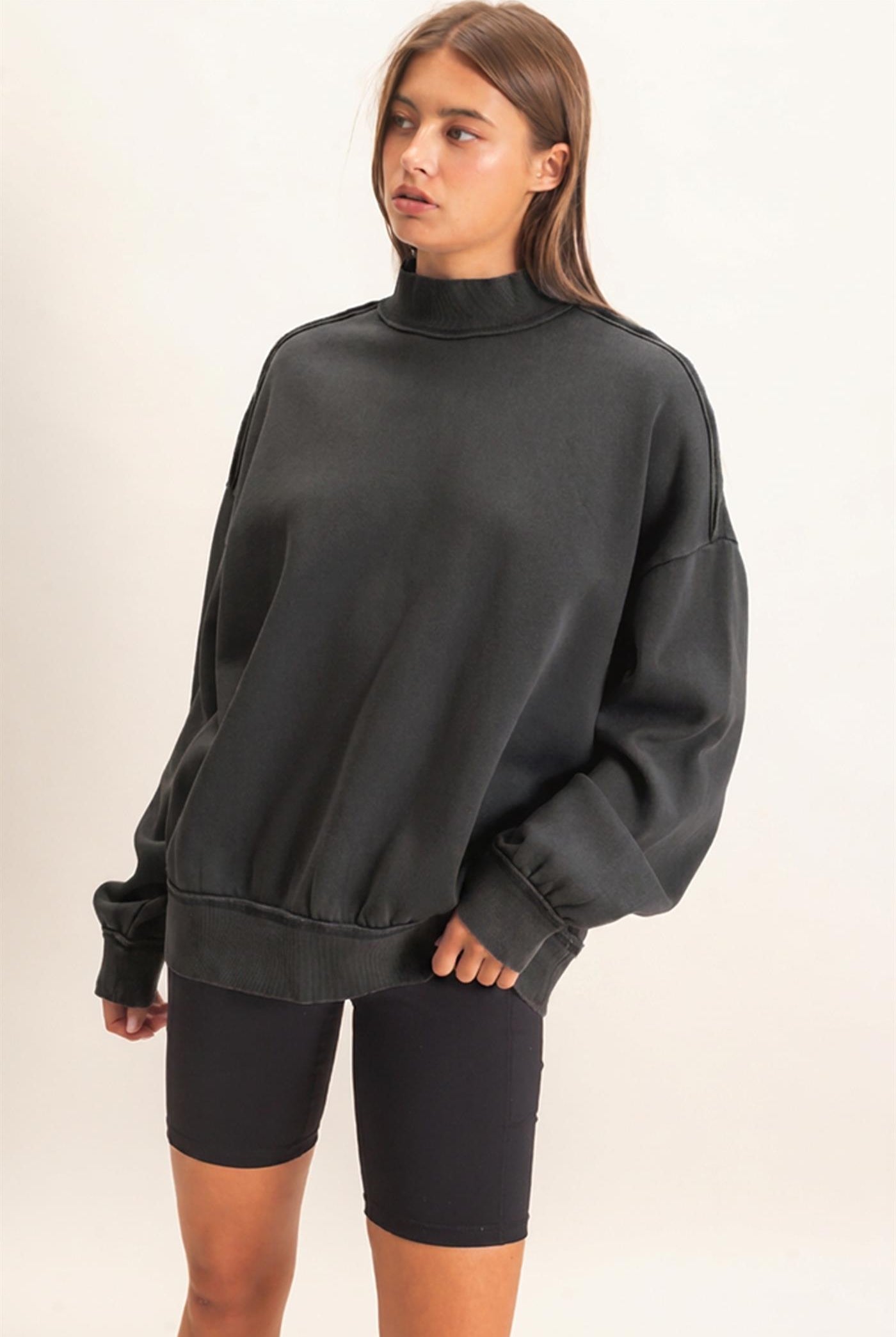 Wholesale Acid Washed Mock Neck Sweatshirt Sweatshirts DZ26E656 BLACK DOUBLE ZERO