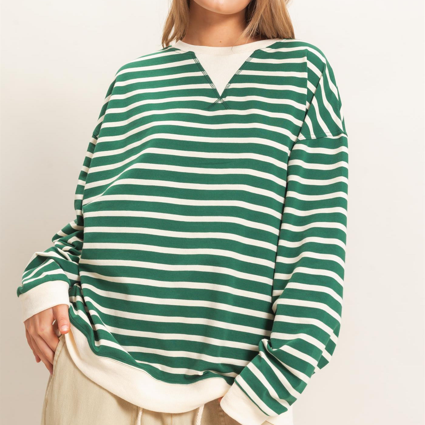 Wholesale Striped Long Sleeve Pullover Sweatshirts HF26F077 GREEN/CREAM HYFVE