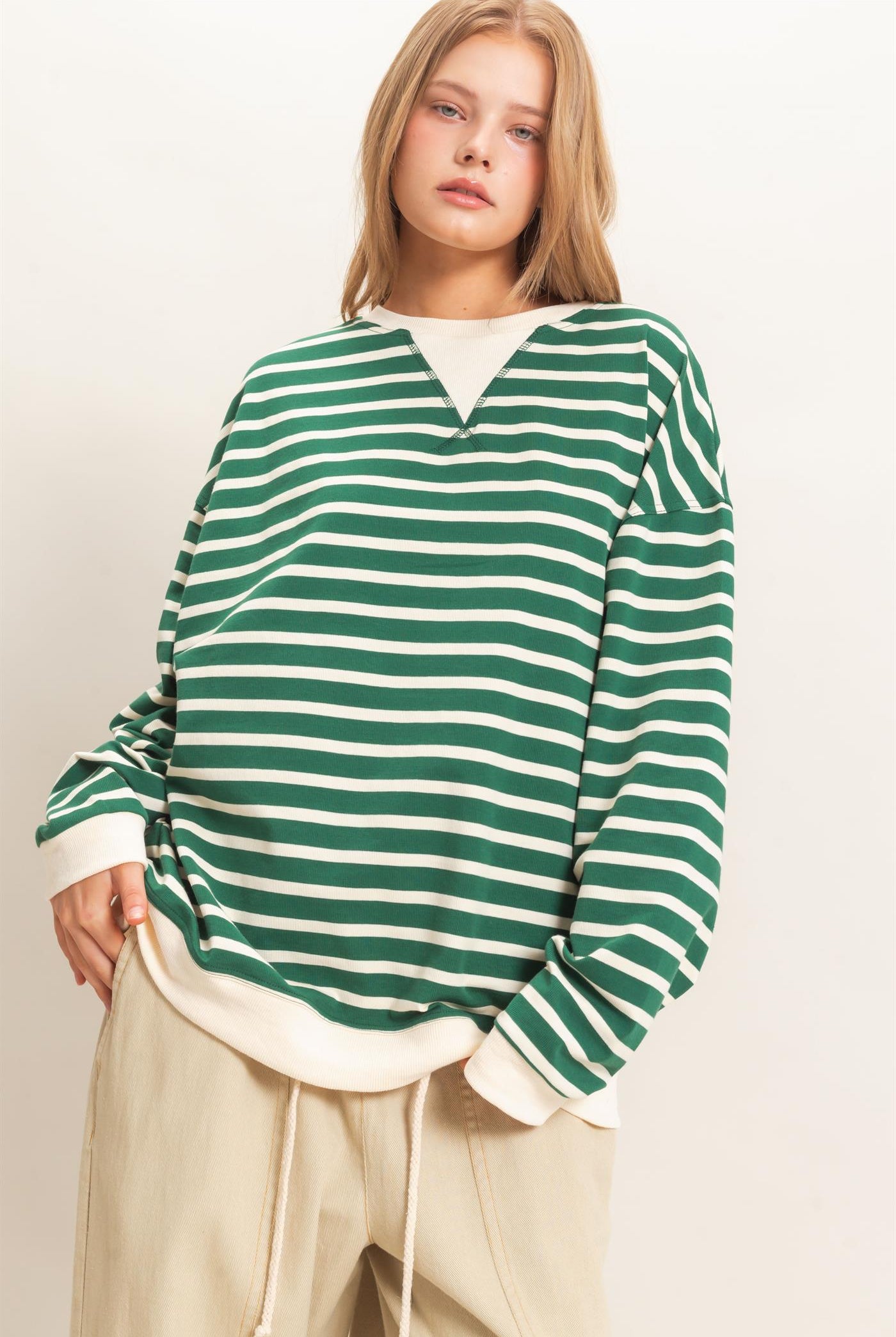 Wholesale Striped Long Sleeve Pullover Sweatshirts HF26F077 GREEN/CREAM HYFVE