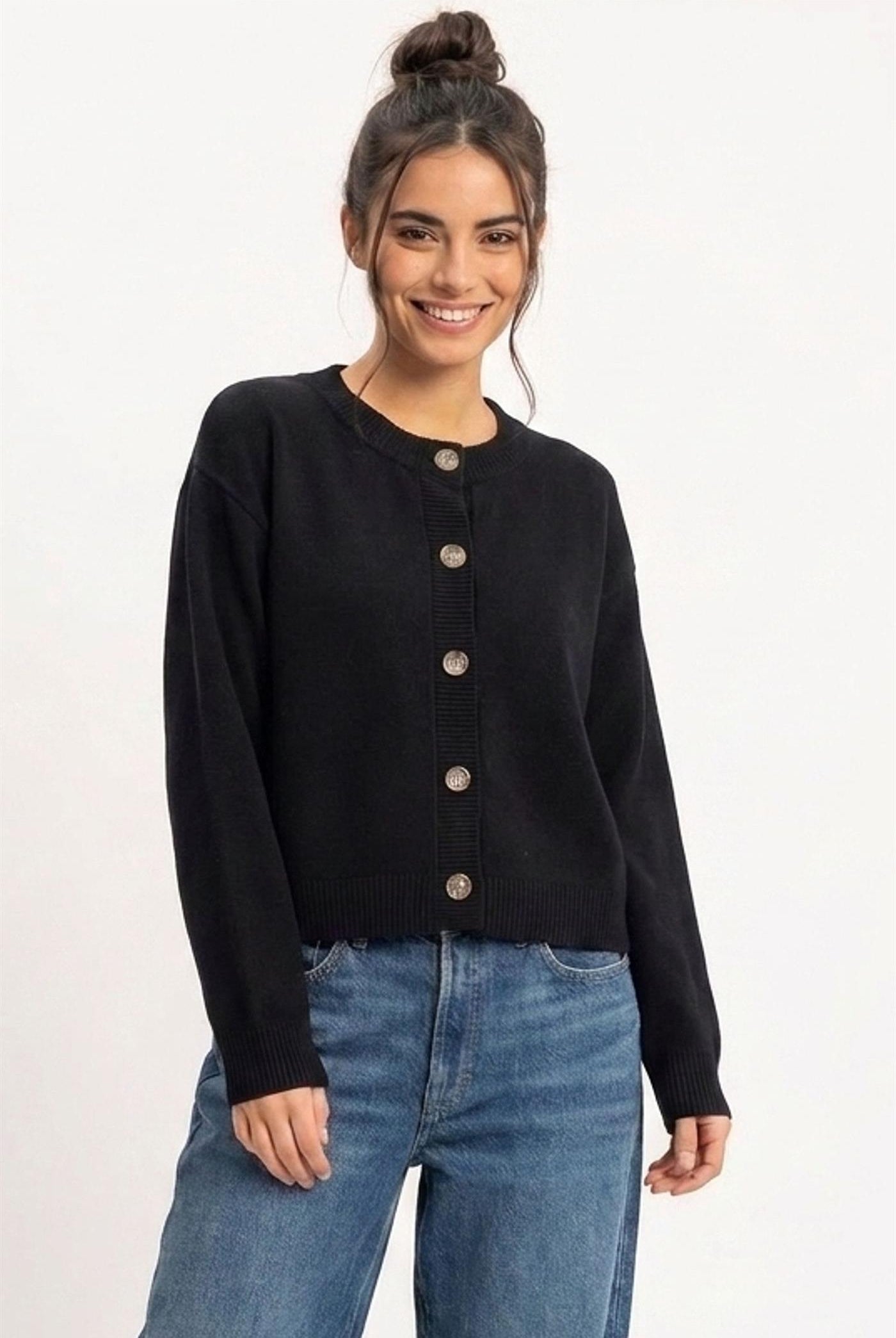 Wholesale Crew Neck Button Front Cardigan Cardigans DZ26E639 BLACK DOUBLE ZERO