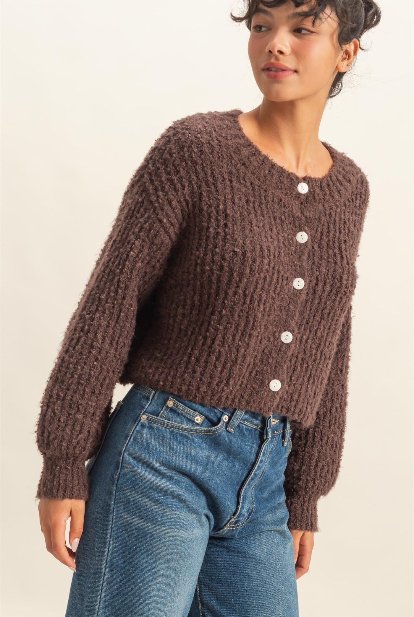 Wholesale Fluffy Knit Button-Up Cardigan Sweater Cardigans DZ25E592 CHESTNUT DOUBLE ZERO