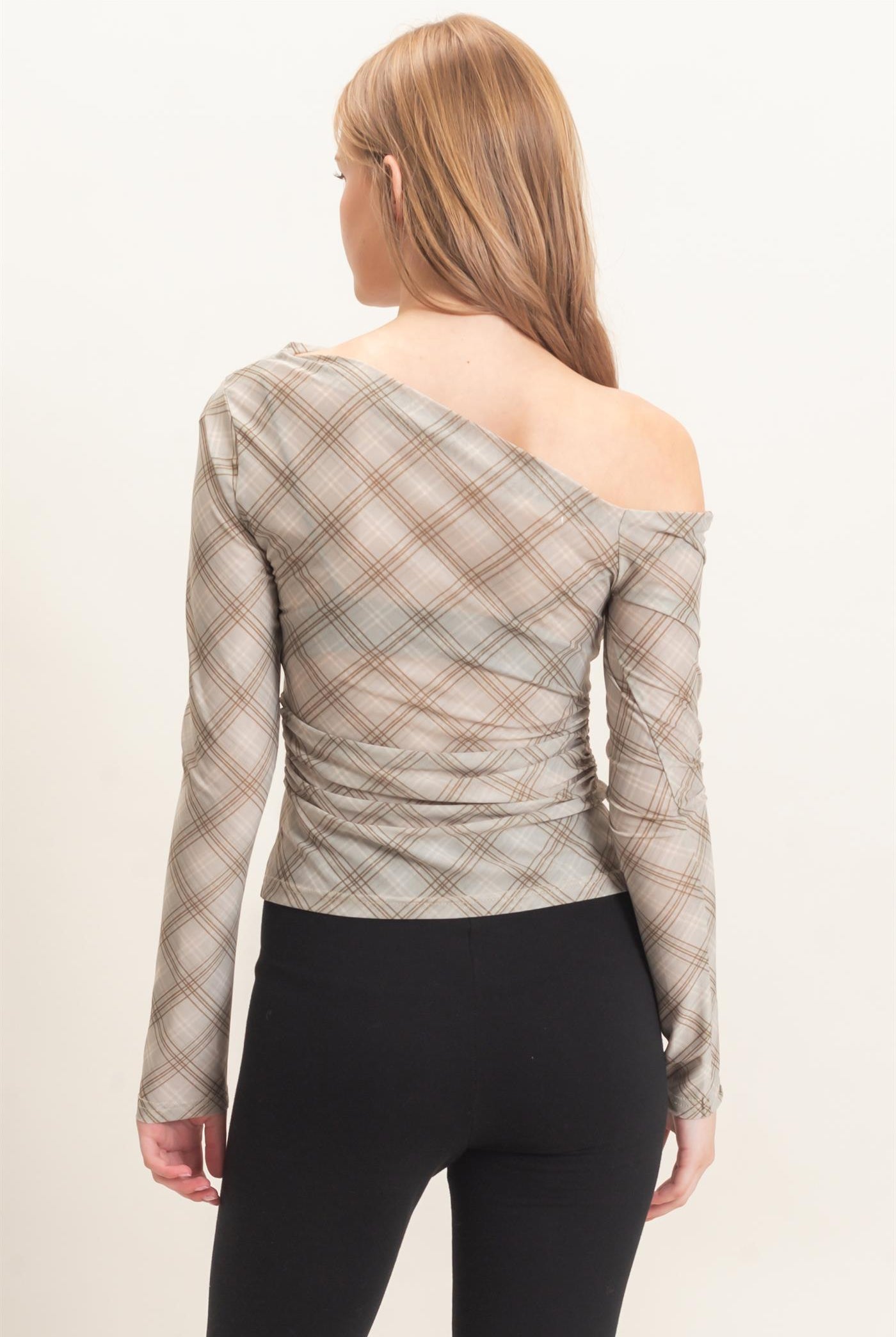 Wholesale Asymmetrical Plaid Off Shoulder Top Dresses HF26E710 SAGE HYFVE