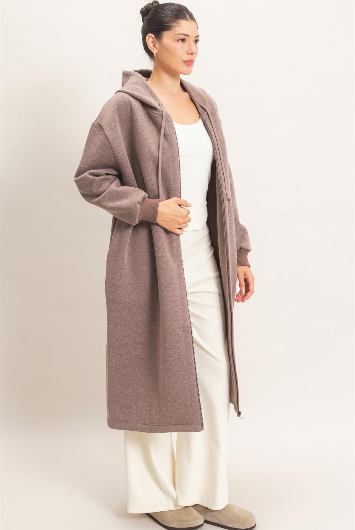 Wholesale Oversized Longline Zip-Up Hoodie Jacket Outerwear HF26E650 WALNUT HYFVE
