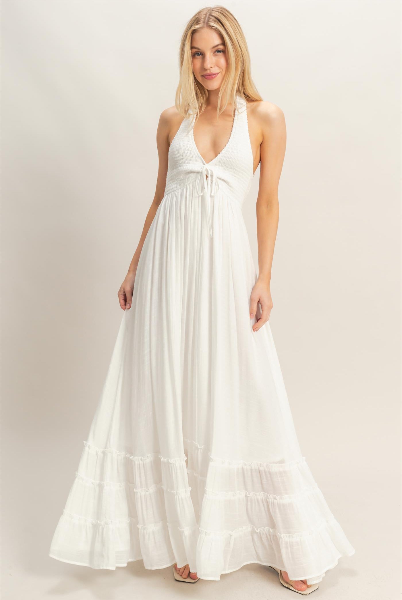 Wholesale Halter Neck Smocked Maxi Dress Dresses HF26C287-D WHITE HYFVE