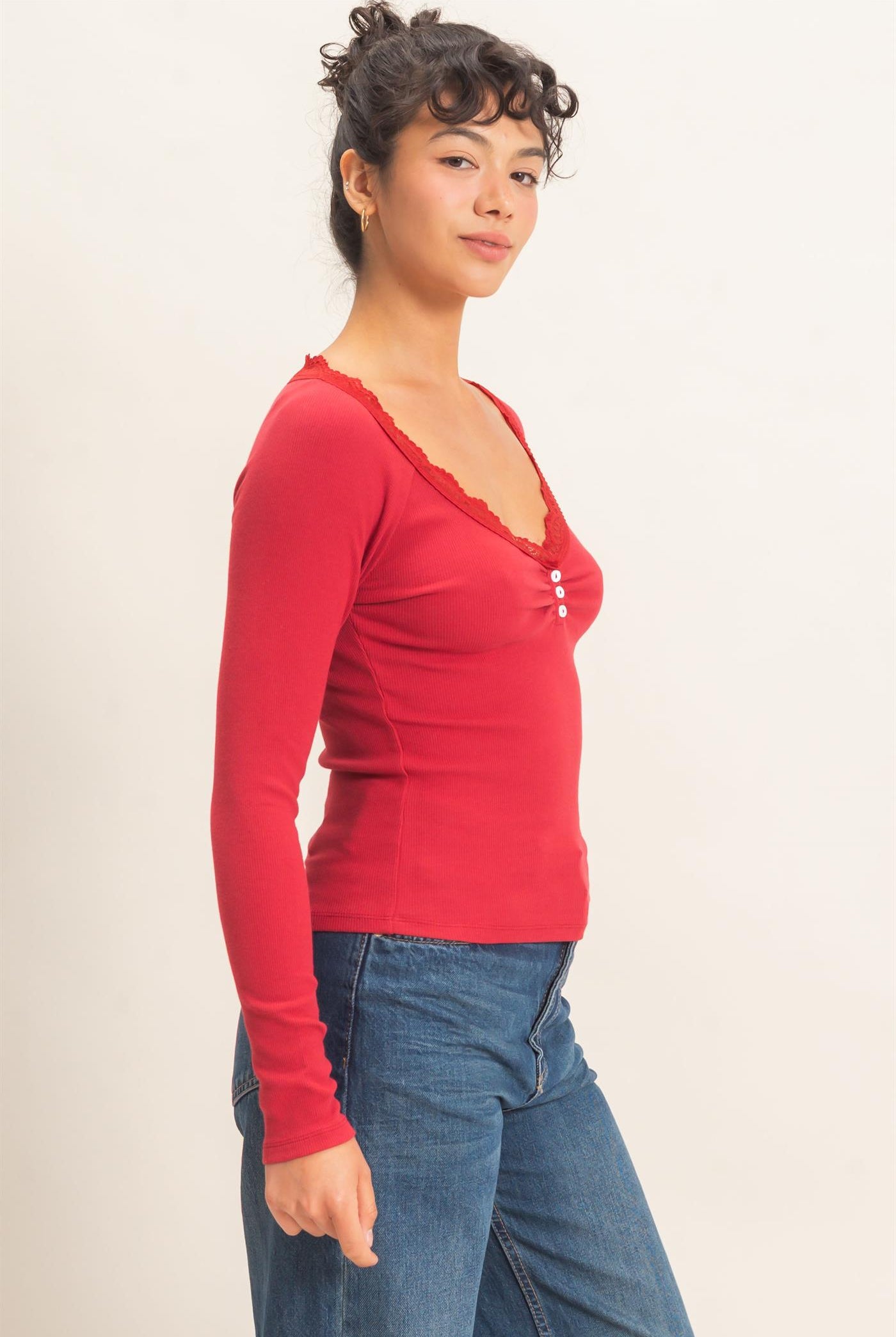 Wholesale Lace-Trim Henley Top Clothing Tops DZ26E325 DARK RED DOUBLE ZERO