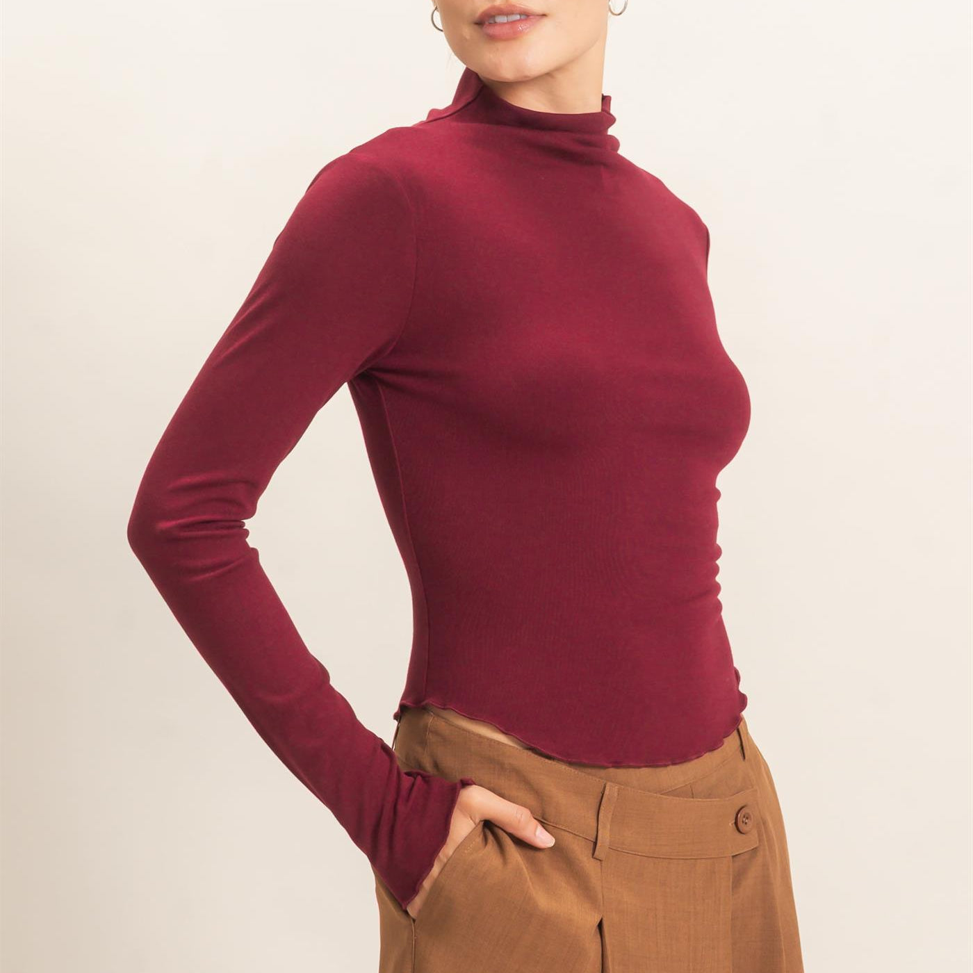 Wholesale Long Sleeve Lettuce Hem Top Clothing Tops HF26F122 BURGUNDY HYFVE