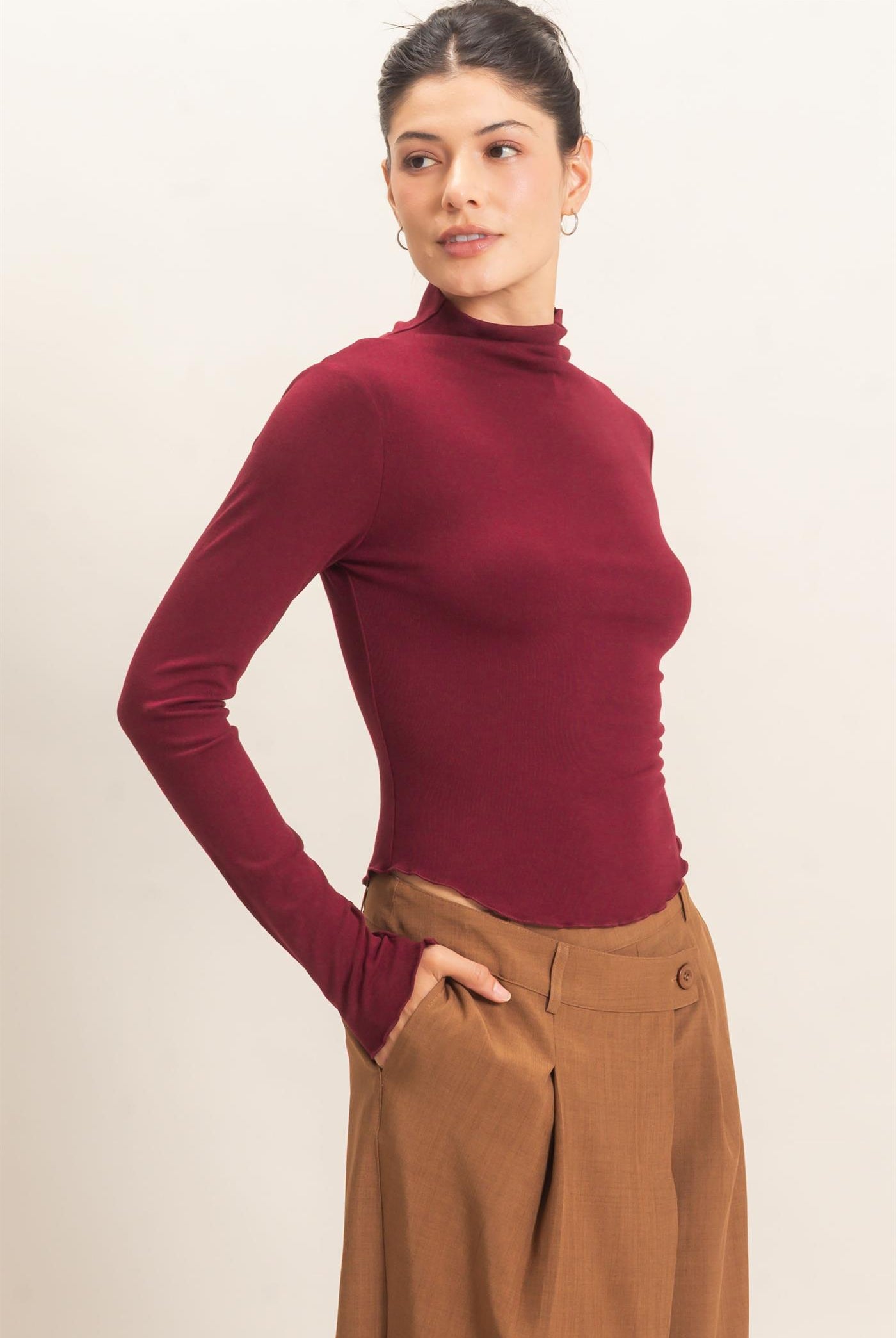 Wholesale Long Sleeve Lettuce Hem Top Clothing Tops HF26F122 BURGUNDY HYFVE