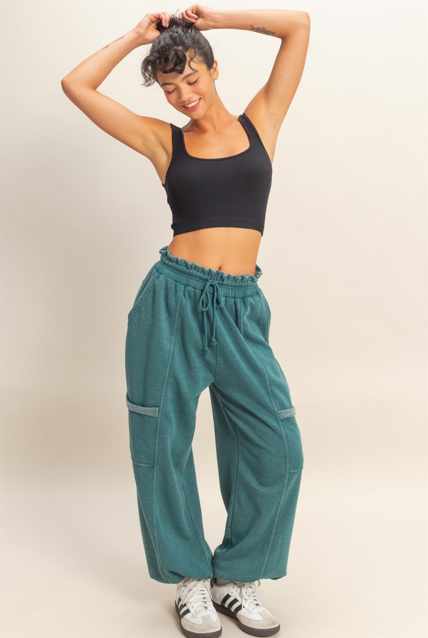 Wholesale Ruffle Waist Burnout Jogger Pants Joggers DZ26A685 DARK TEAL DOUBLE ZERO